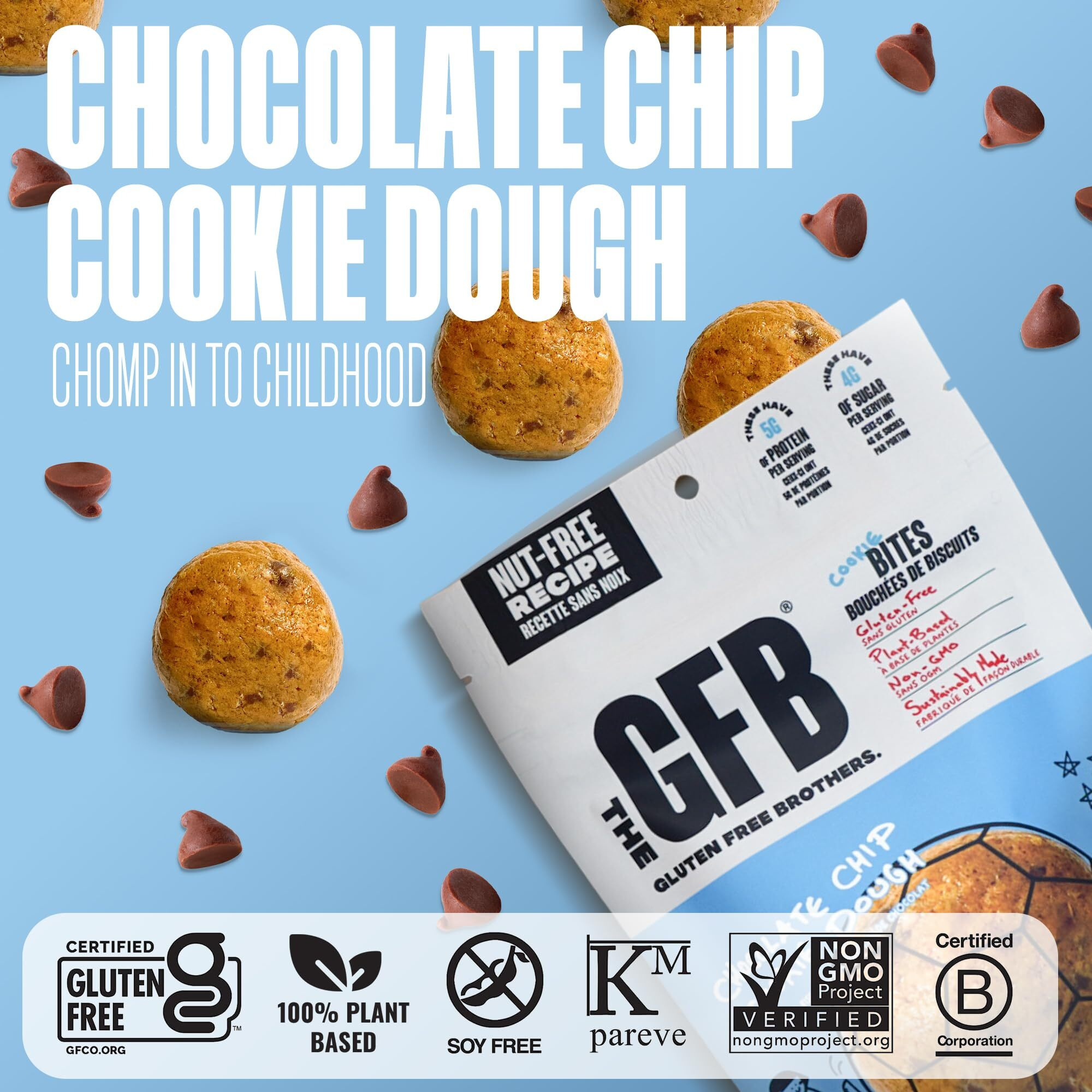 The Gluten Free Brothers Chocolate Chip Cookie Dough Nut Free Bites - Allergen Friendly, Gluten Free, Soy Free Protein Balls - Plant Based Vegan Non-Gmo Snack Size Protein Energy Balls, 4 Oz (6 Count)