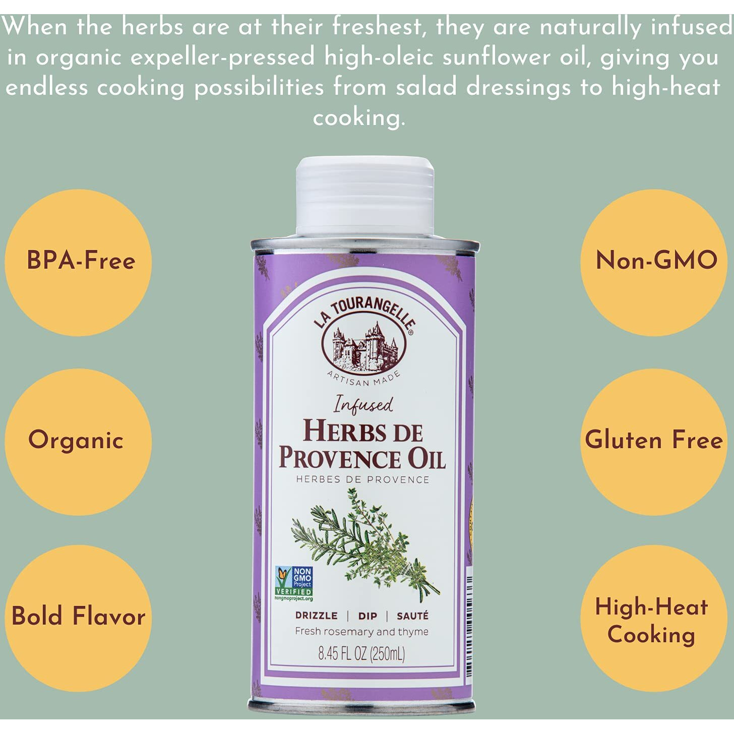 La Tourangelle Herbs De Provence Infused Sunflower Oil, High-Oleic Oil For Cooking, Vinaigrettes & Dipping Sauces, 8.45 Fl Oz