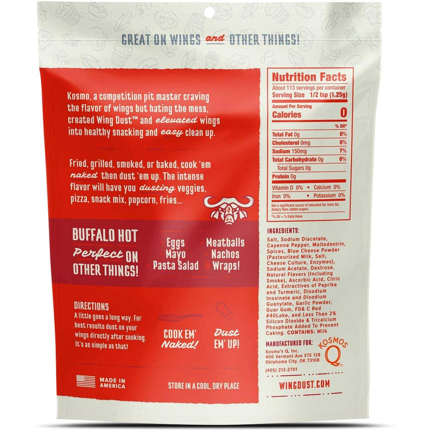 Kosmos Q Hot Buffalo Wing Dust - 5 Oz Bag For Wings, Popcorn & More - Hot Smoky Buffalo Bbq Wings Dry Rub With Cayenne, Blue Cheese & Garlic (Hot Buffalo)