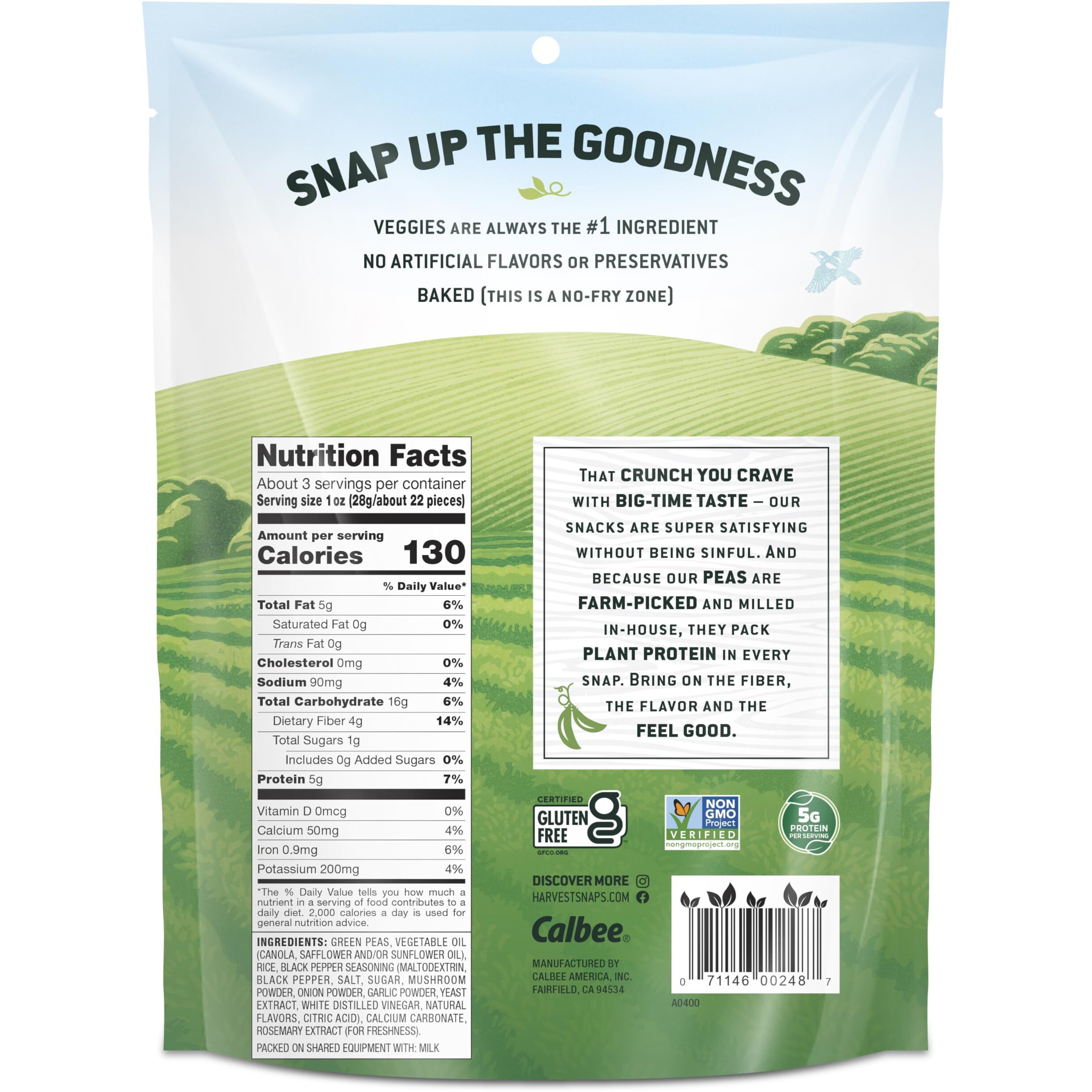 Harvest Snaps Veggie Chips (Black Pepper Snack Crisps) | Powered By Plant Protein, Gluten Free, Non-Gmo Baked Vegetable Crisps | Made In Usa (8 Snack Packs)