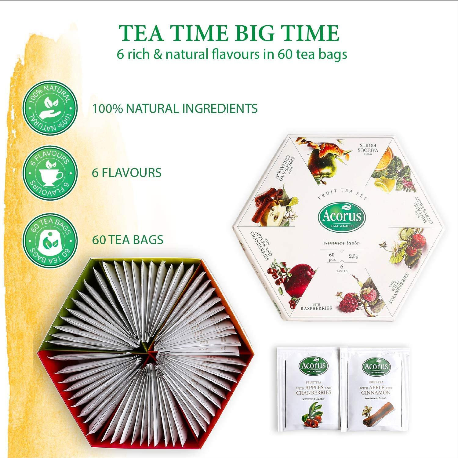 Acorus Summer Taste Tea Set | Perfect For Making Iced Tea | Natural Assorted Tea Hamper Box Gift Set | Large Selection Box 60 Tea Bags | Tea Gift Sets | 6 Fruit And Berry Tea Flavour Sampler