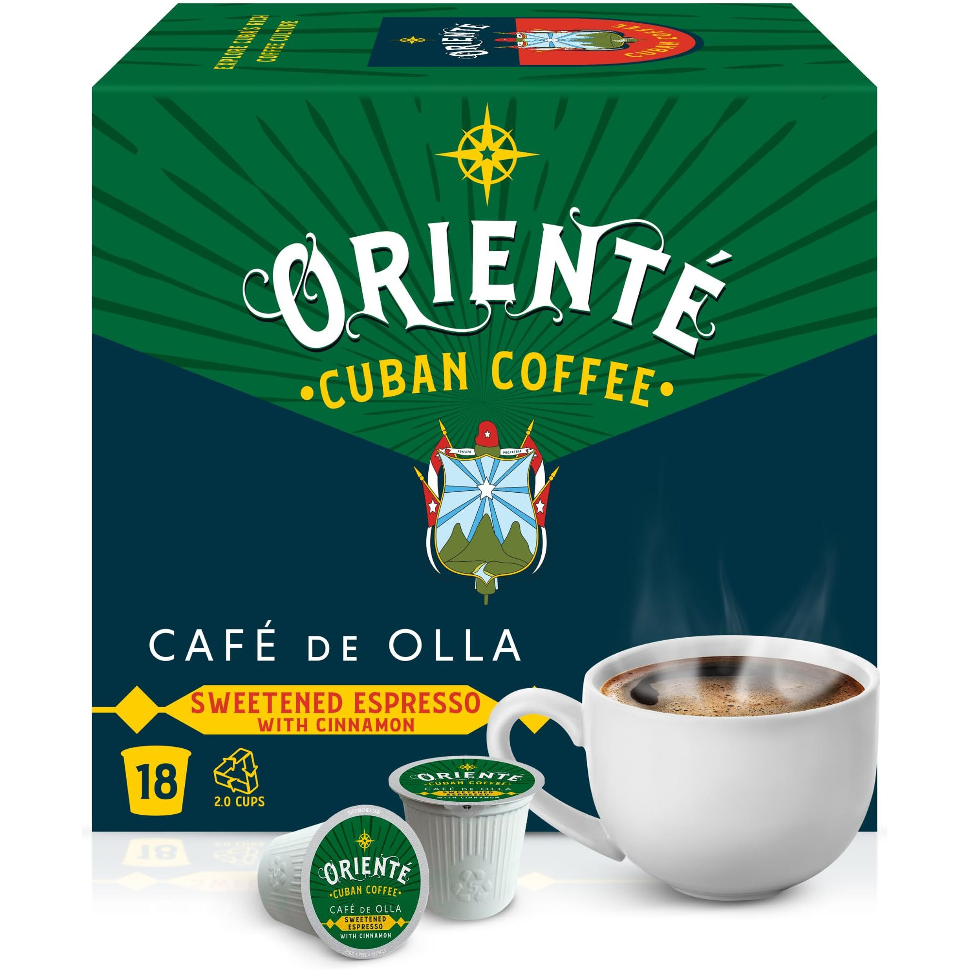 Oriente Dark Roast Cuban Coffee Pods, 18 Ct. | Cafe De Olla | Sweetened Espresso W/Cinnamon | 100% Arabica Dark Roast Coffee | Solar Energy Produced Recyclable Pods Compatible W/Keurig K Cups Maker