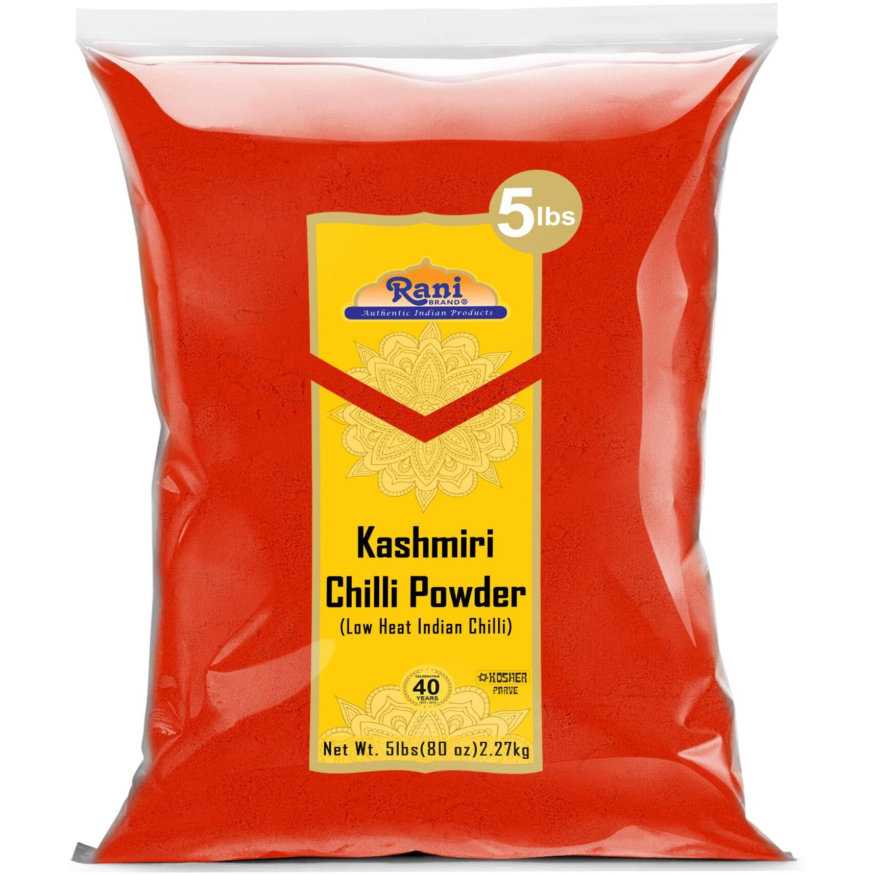 Rani Kashmiri Chilli Powder (Deggi Mirch,Low Heat) Ground Indian Spice 80Oz (5Lbs) 2.27Kg ~ All Natural | Salt-Free | Kosher | Vegan | Gluten Friendly | Perfect For Deviled Eggs & Other Low Heat Dishes