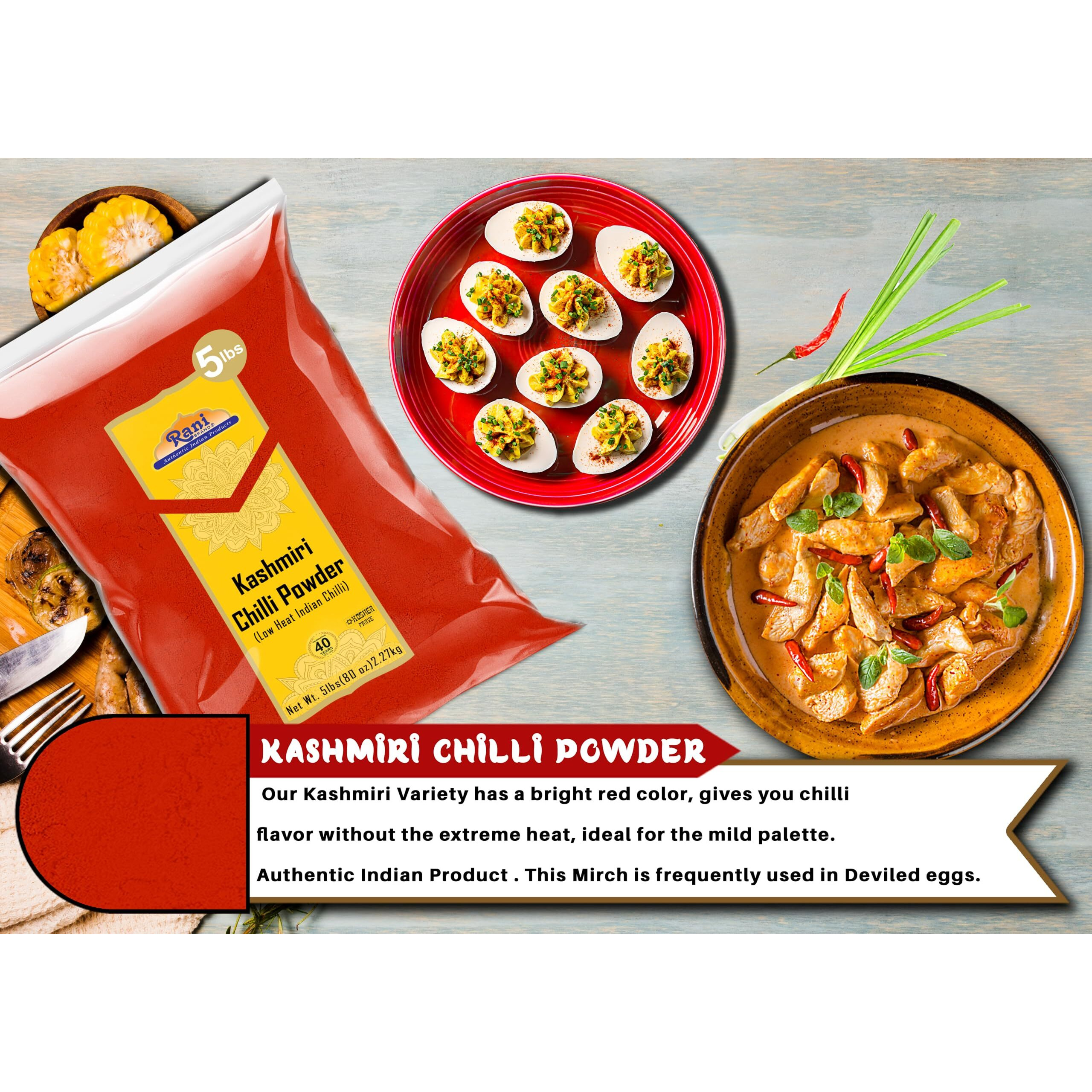 Rani Kashmiri Chilli Powder (Deggi Mirch,Low Heat) Ground Indian Spice 80Oz (5Lbs) 2.27Kg ~ All Natural | Salt-Free | Kosher | Vegan | Gluten Friendly | Perfect For Deviled Eggs & Other Low Heat Dishes