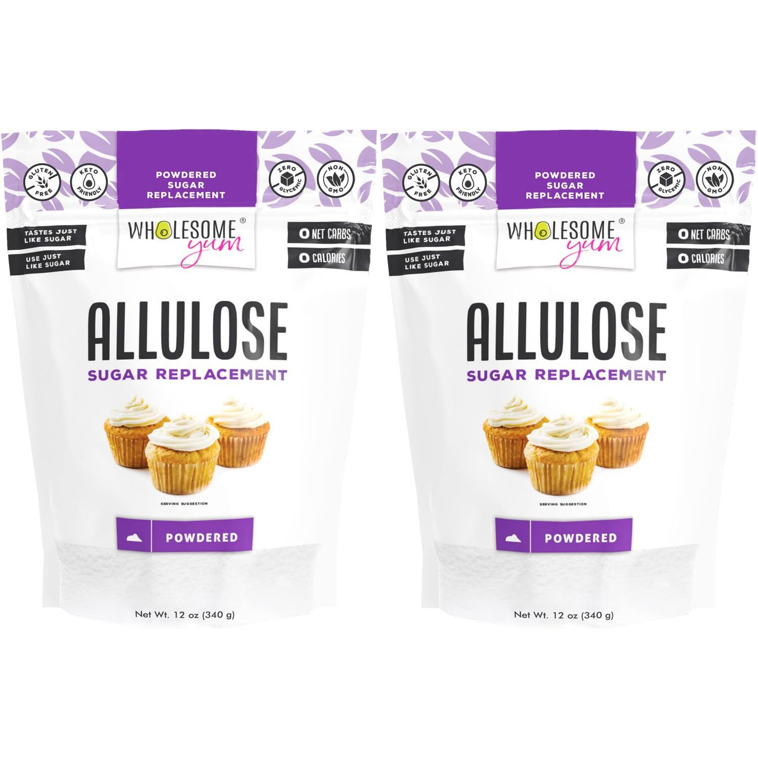 Wholesome Yum Powdered Allulose Sweetener - Natural Keto Powdered Sugar Substitute - Non Gmo, Zero Carb, 0 Calorie, Sugar Free, No Aftertaste - Confectioners Sugar Replacement (12 Oz, 2 Pack)