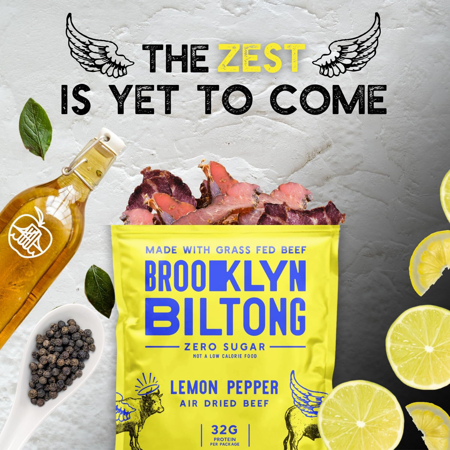 Brooklyn Biltong Air Dried Grass Fed Beef Snack, South African Beef Jerky (8Oz, Pack Of 2) - Whole30 Approved, Paleo, Keto, Gluten Free, Sugar Free, Made In Usa - (Lemon Pepper)