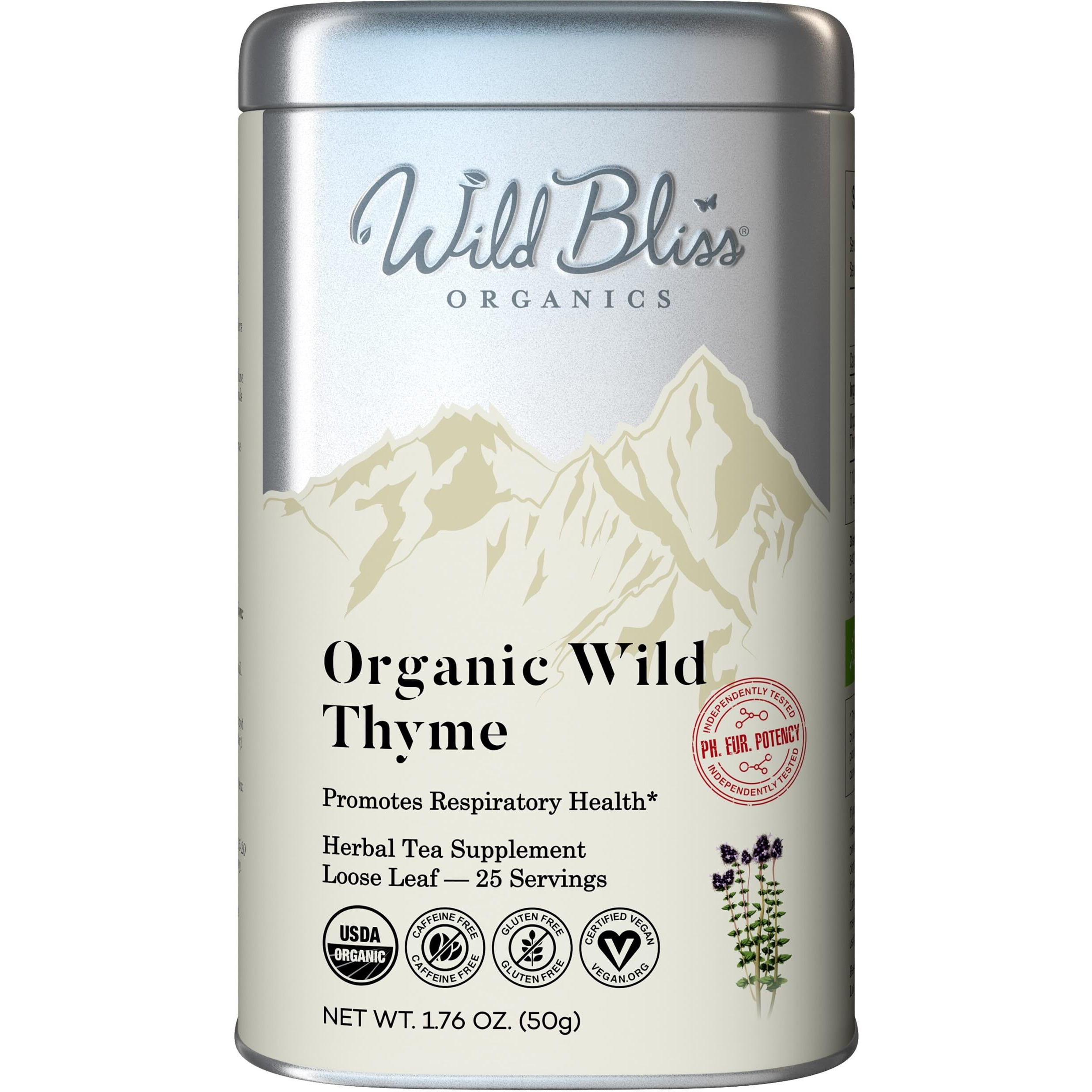 Organic Wild Thyme Tea - Caffeine Free Loose Leaf Herbal Tea - Pharmacopoeia Potency - 1.76 Oz - 25 Servings