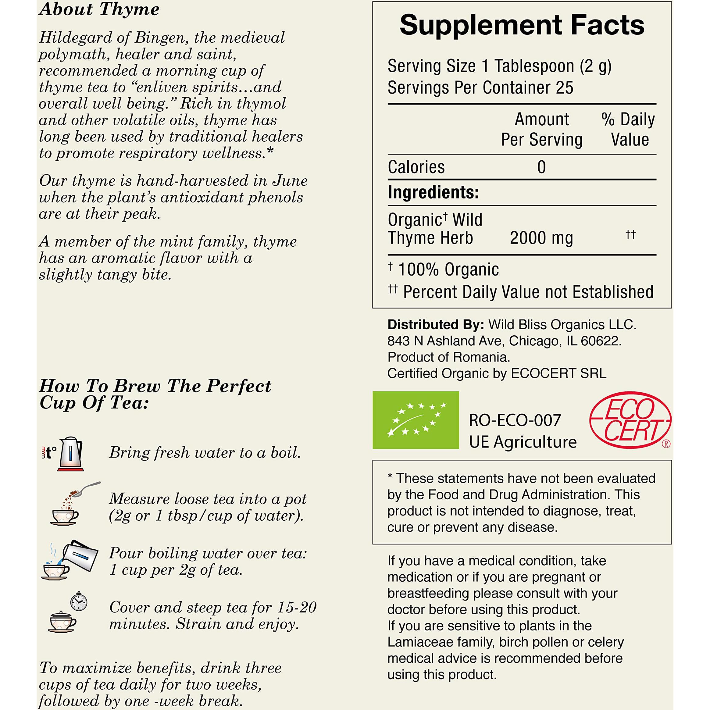 Organic Wild Thyme Tea - Caffeine Free Loose Leaf Herbal Tea - Pharmacopoeia Potency - 1.76 Oz - 25 Servings