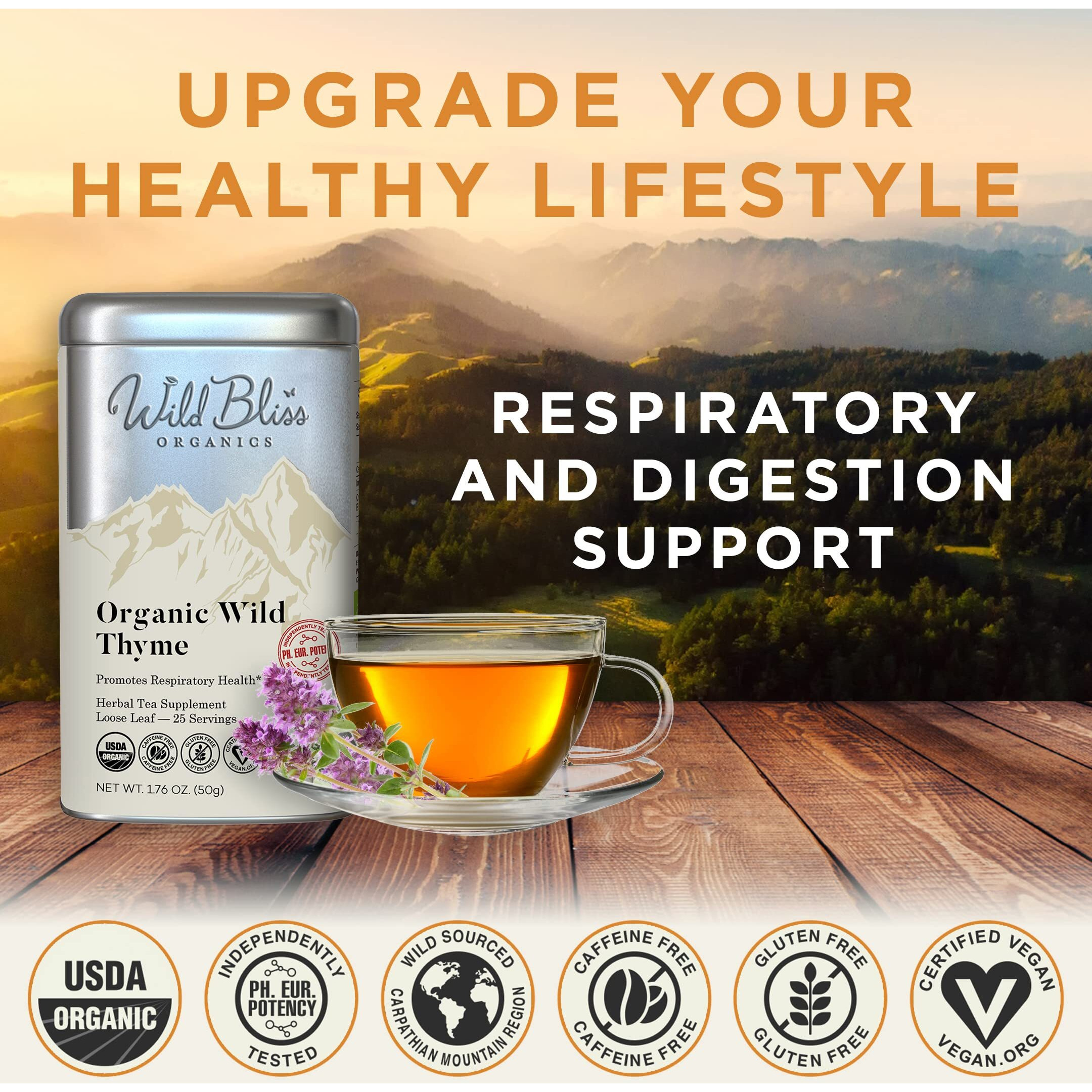 Organic Wild Thyme Tea - Caffeine Free Loose Leaf Herbal Tea - Pharmacopoeia Potency - 1.76 Oz - 25 Servings