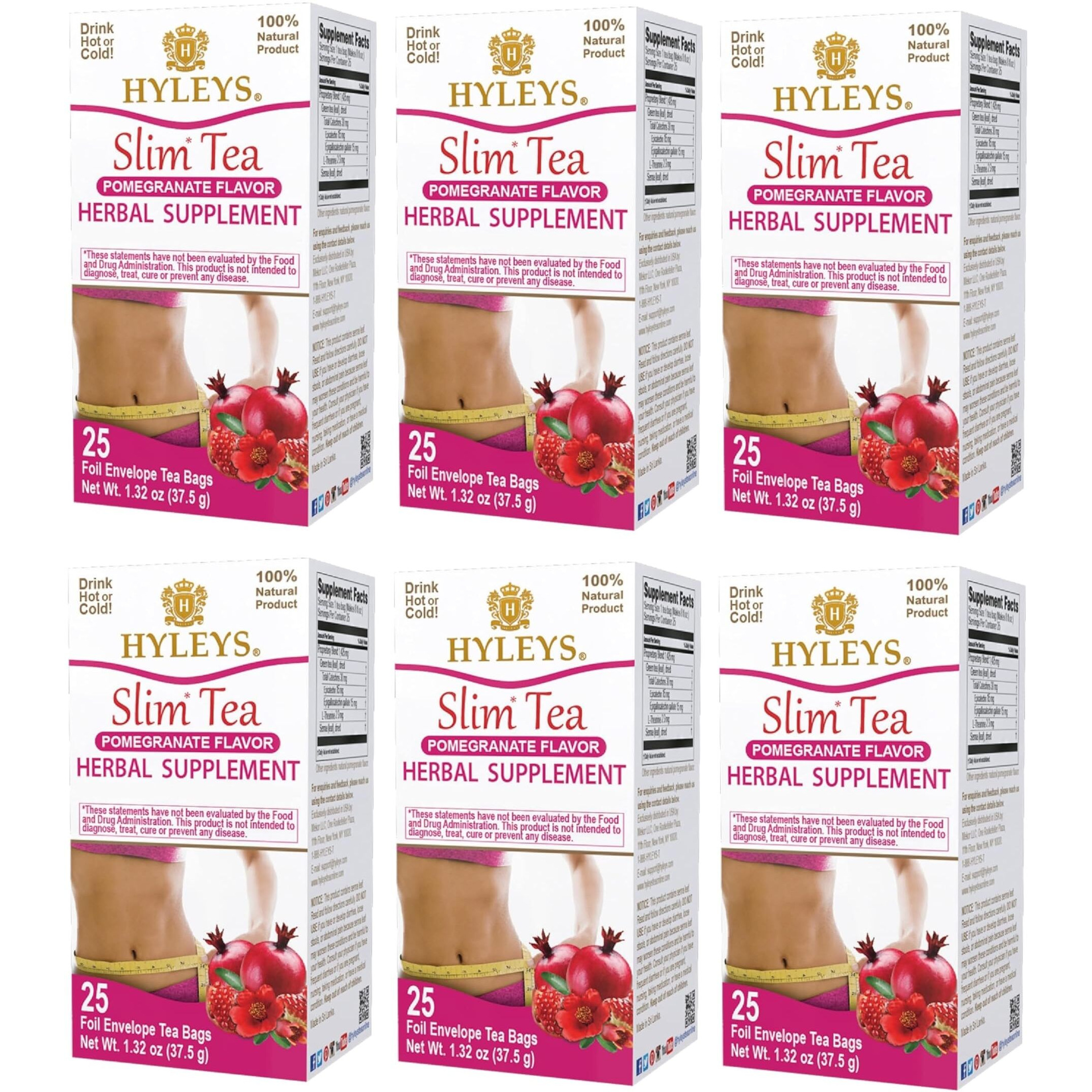 Hyleys Slim Tea Pomegranate With Green Tea & Senna - Herbal Weight Loss Detox Cleanse Supplement For Belly Fat, Bloating & Metabolism Boost - 25 Tea Bags (6 Pack)