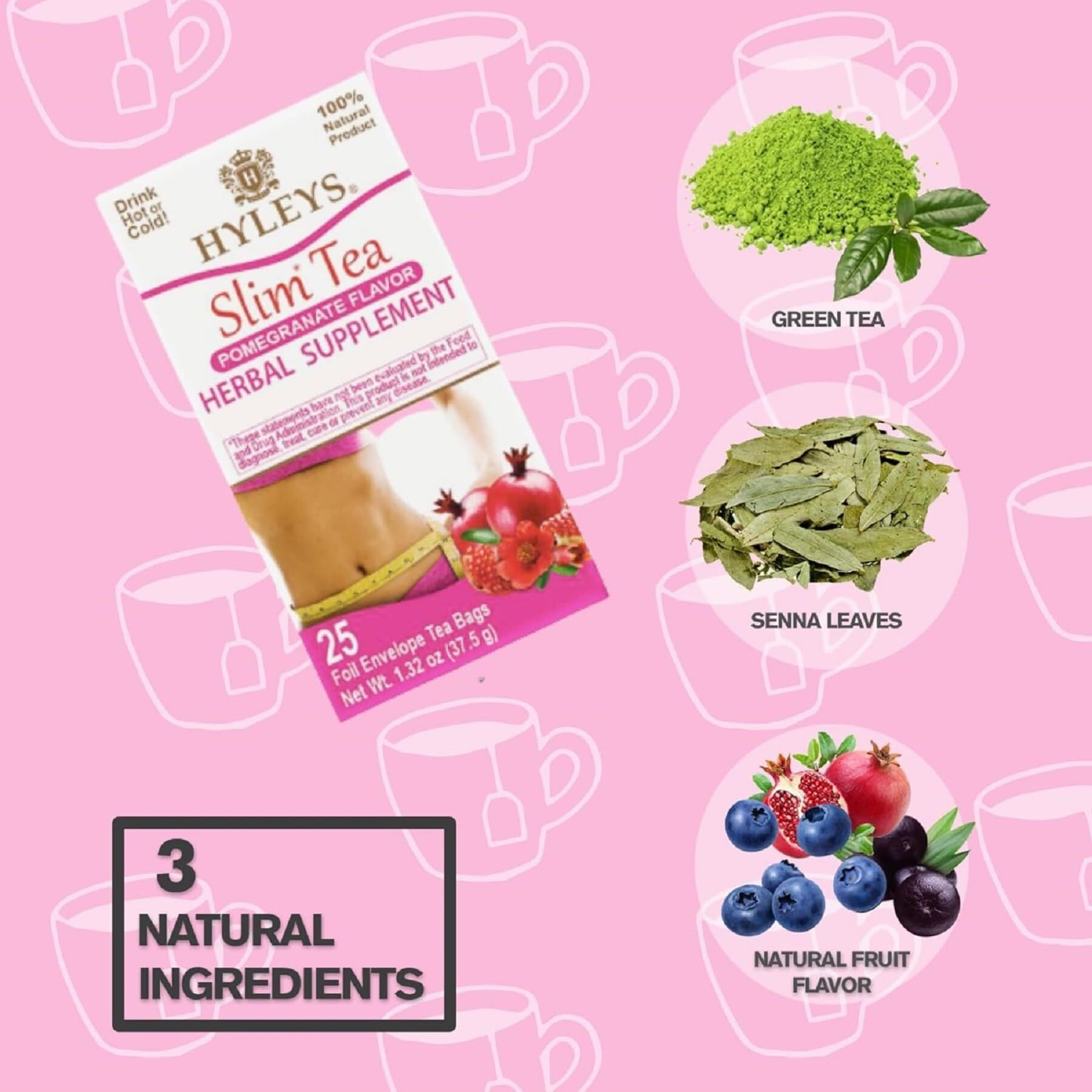 Hyleys Slim Tea Pomegranate With Green Tea & Senna - Herbal Weight Loss Detox Cleanse Supplement For Belly Fat, Bloating & Metabolism Boost - 25 Tea Bags (6 Pack)