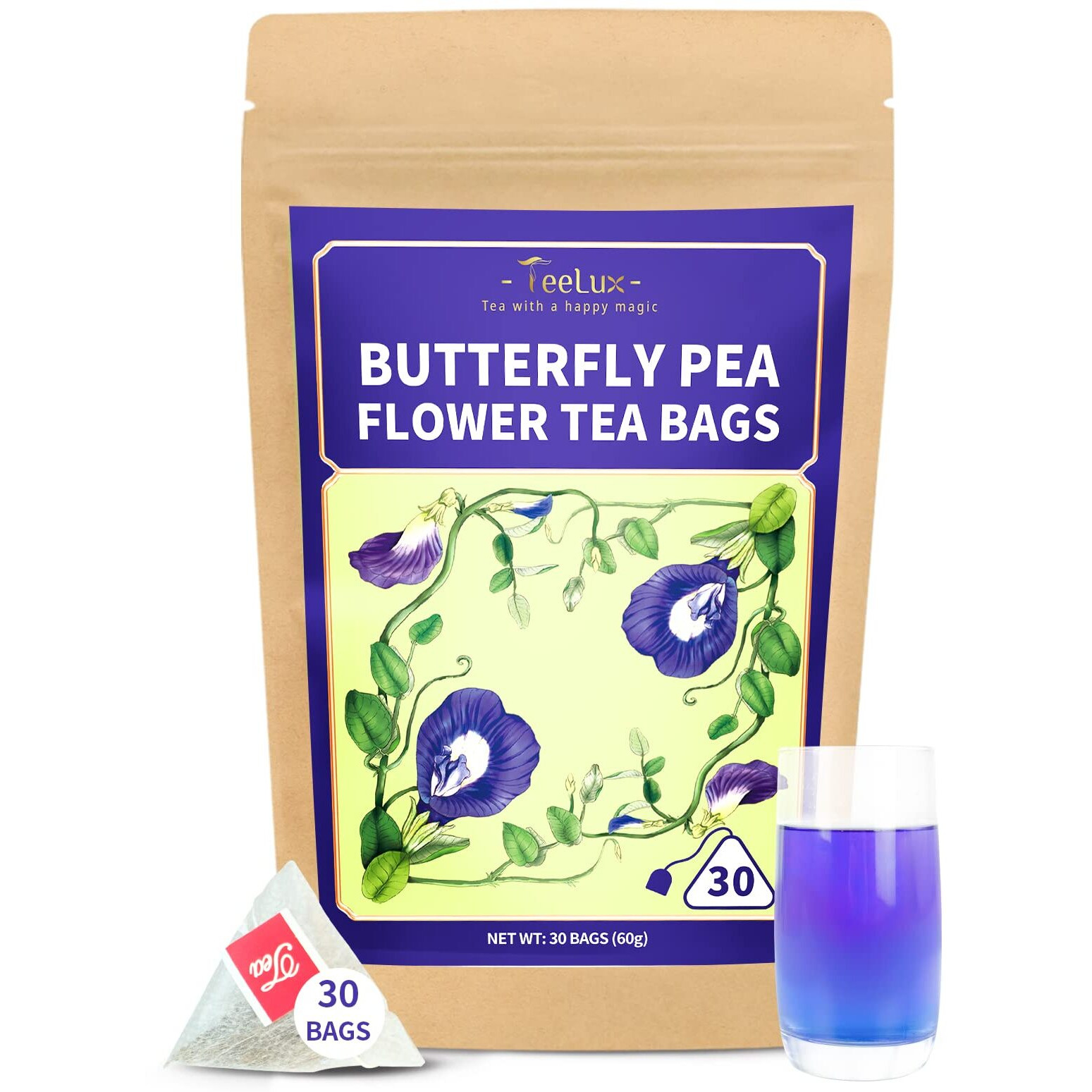 Teelux Butterfly Pea Flower Tea Bags, Natural Butterfly Pea Tea, Premium Dried Butterfly Pea Flower For Blue & Purple Drinks And Food Coloring, 30 Tea Bags