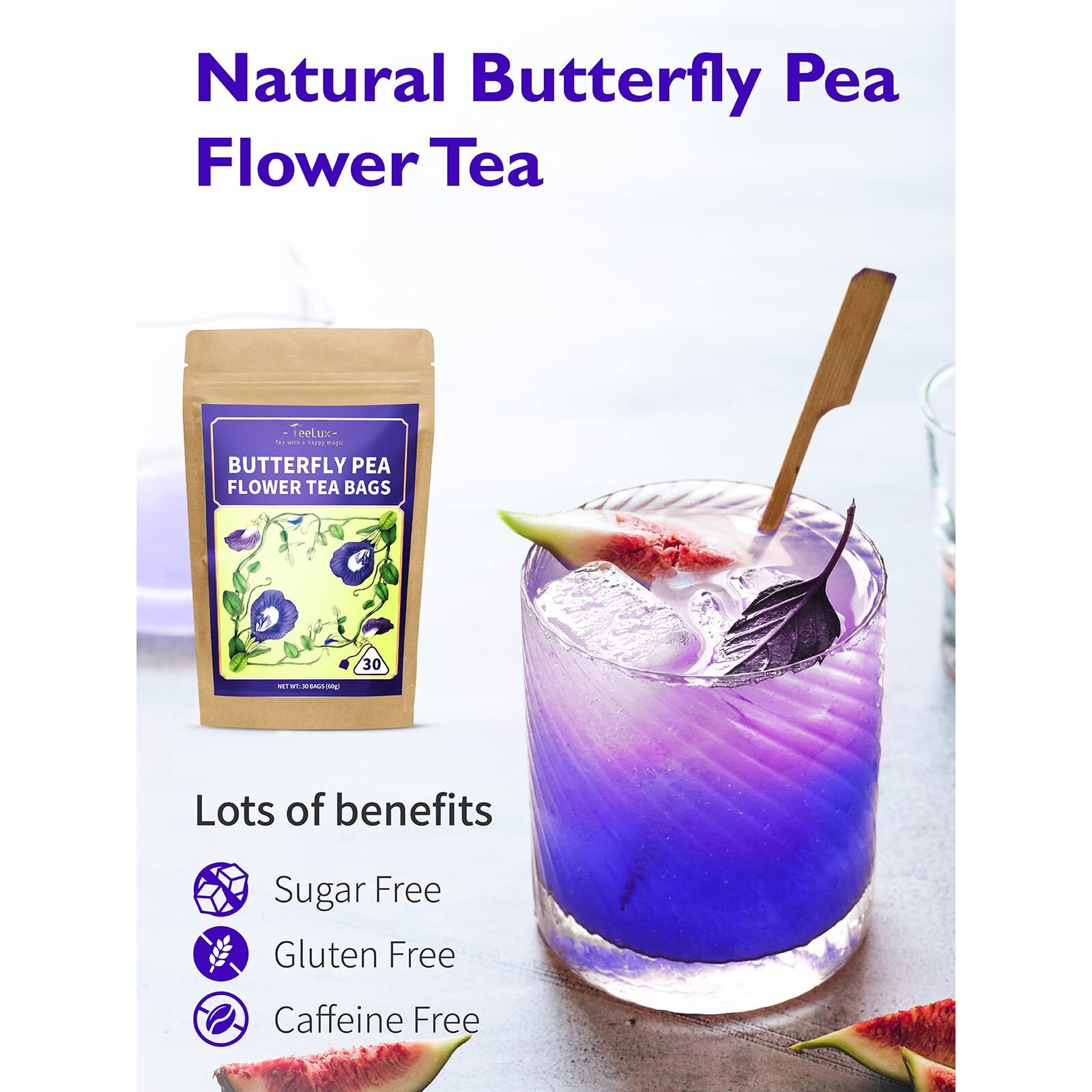 Teelux Butterfly Pea Flower Tea Bags, Natural Butterfly Pea Tea, Premium Dried Butterfly Pea Flower For Blue & Purple Drinks And Food Coloring, 30 Tea Bags