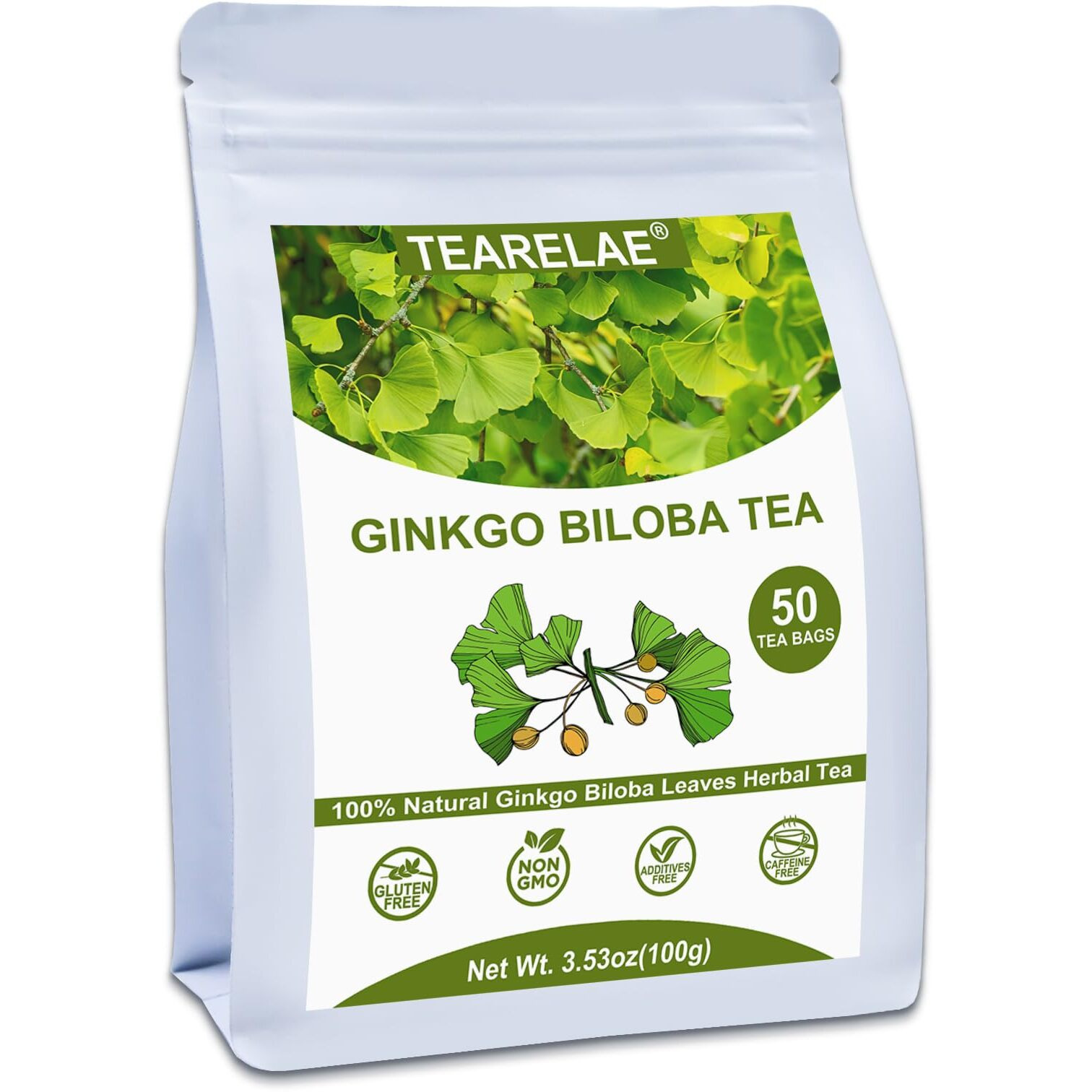Tearelae - Ginkgo Biloba Tea Bags, 50 Count - 100% Pure Ginkgo Biloba Leaves - Non-Gmo - Naturally Caffeine-Free Herbal Tea - Support Vision Health & Enhance Immunity