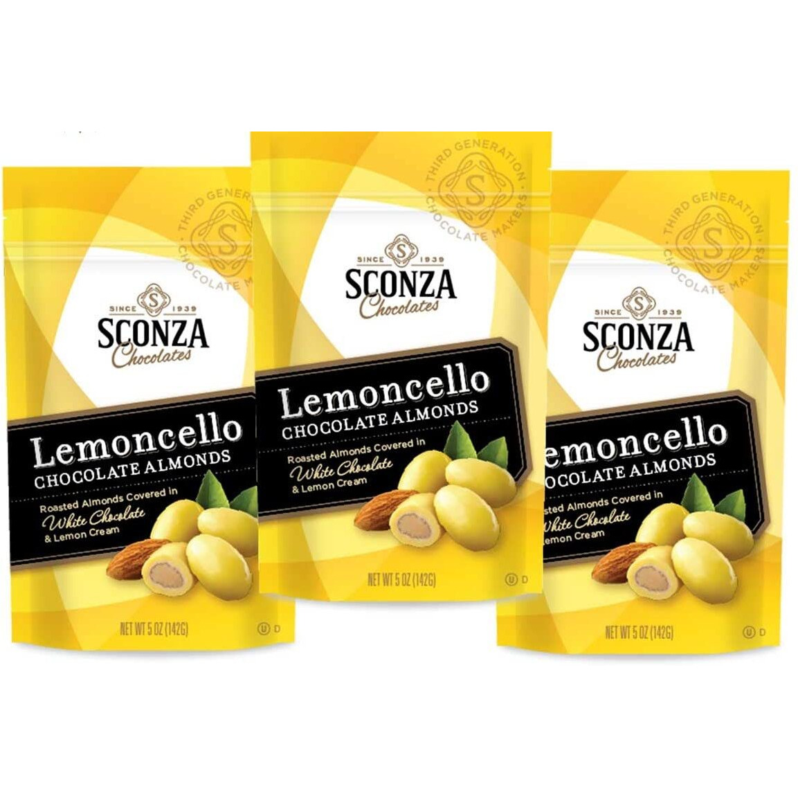 Sconza Lemoncello Lemon Cream & White Chocolate Almonds | Inspired By Italy's Lemon Groves | Made In The Usa | Pack Of 3 (5 Ounce Each)