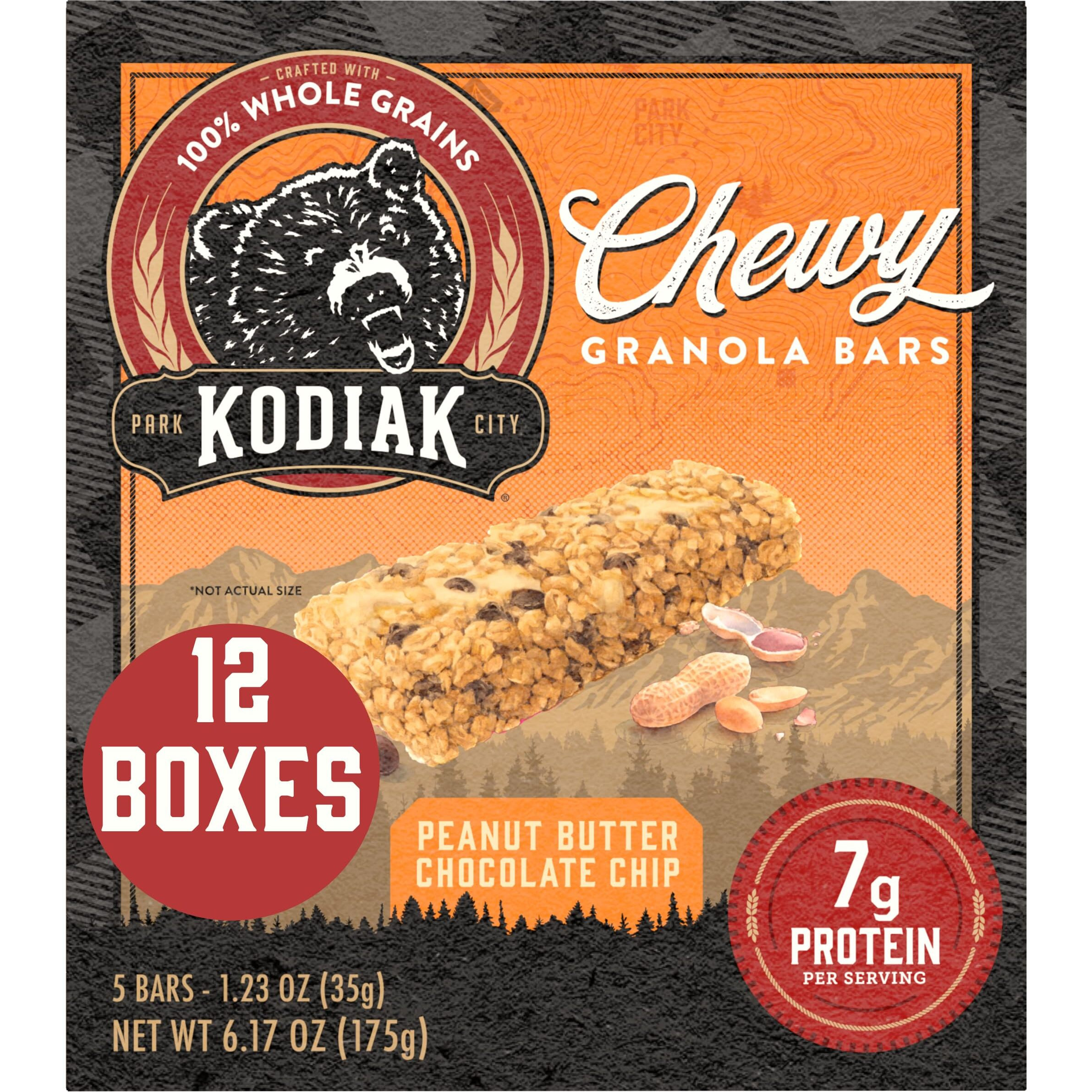 Kodiak Cakes Chewy Granola Snack Bars, Peanut Butter Chocolate Chip, High Protein, 100% Whole Grains, 12 Boxes With 5 Bars Each (60 Bars Total)