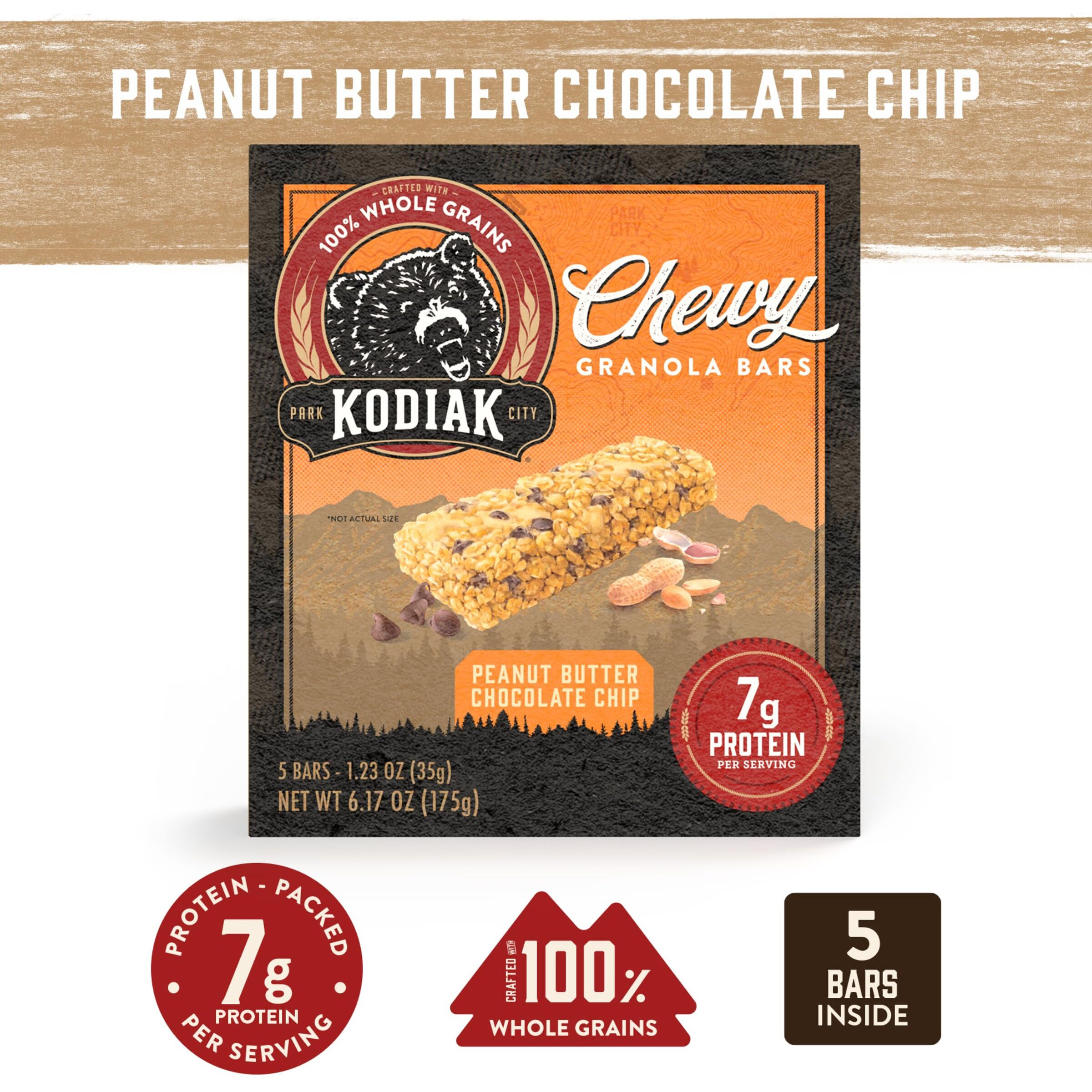 Kodiak Cakes Chewy Granola Snack Bars, Peanut Butter Chocolate Chip, High Protein, 100% Whole Grains, 12 Boxes With 5 Bars Each (60 Bars Total)