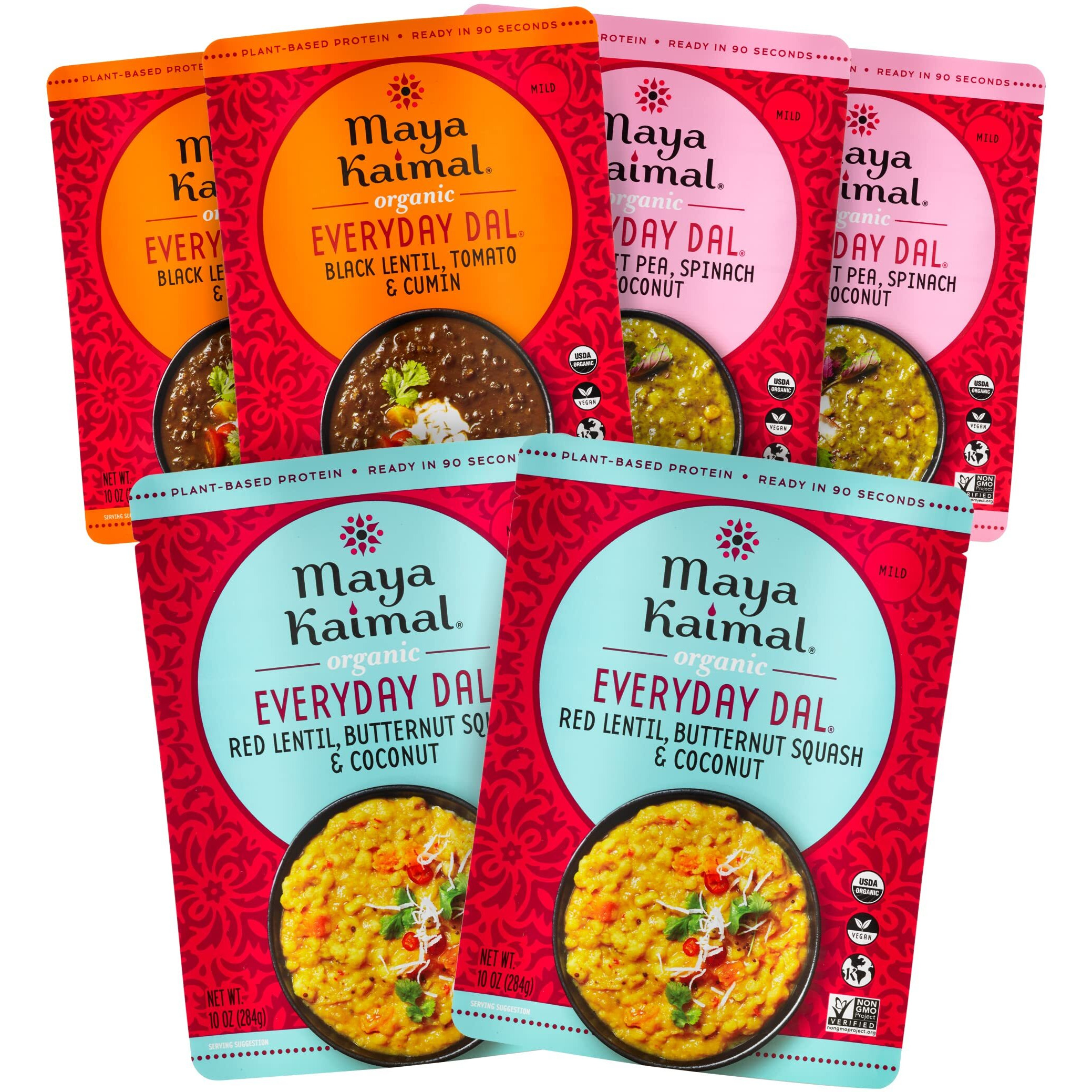 Maya Kaimal Foods - Organic Indian Everyday Dal Variety Pack No. 2 - 10Oz 3 Flavors, 2 Each - Red Lentil, Black Lentil, & Green Split Pea - Vegan