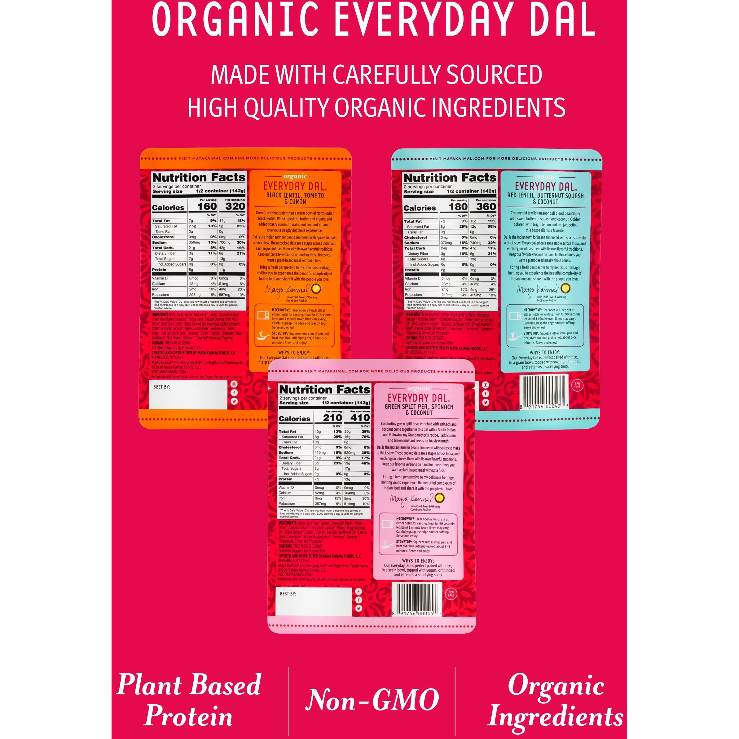 Maya Kaimal Foods - Organic Indian Everyday Dal Variety Pack No. 2 - 10Oz 3 Flavors, 2 Each - Red Lentil, Black Lentil, & Green Split Pea - Vegan