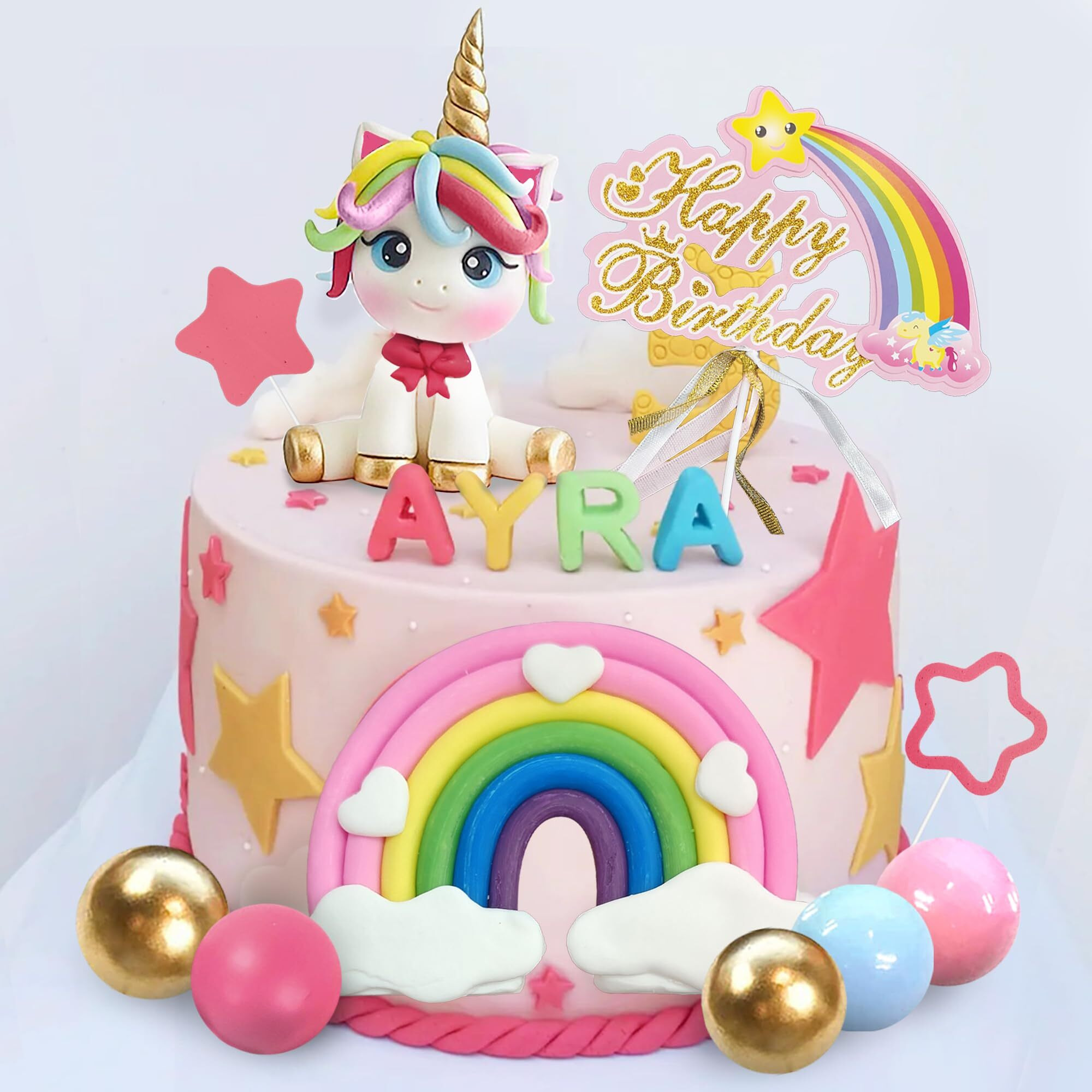 29 Pcs Unicorn Cake Topper, Unicorn Rainbow Cake Decorations With Rainbow Stars Unicorn Balls Happy Birthday Cake Decorations For Boys Girls Kids Birthday Party Baby Shower Supplies (Star)