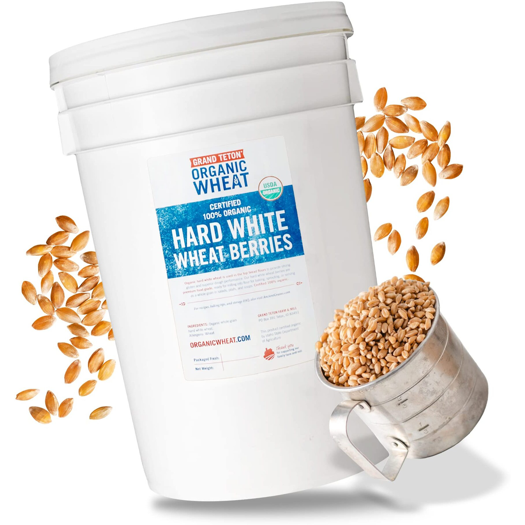 Grand Teton - 100% Organic Hard White Wheat Berries | Us-Grown Wheat Berries Bulk | Packaged In 6 Gallon Hdpe Pail For Long-Term Storage | 100% Desiccant Free | Certified 100% Usda Organic - 43 Lbs