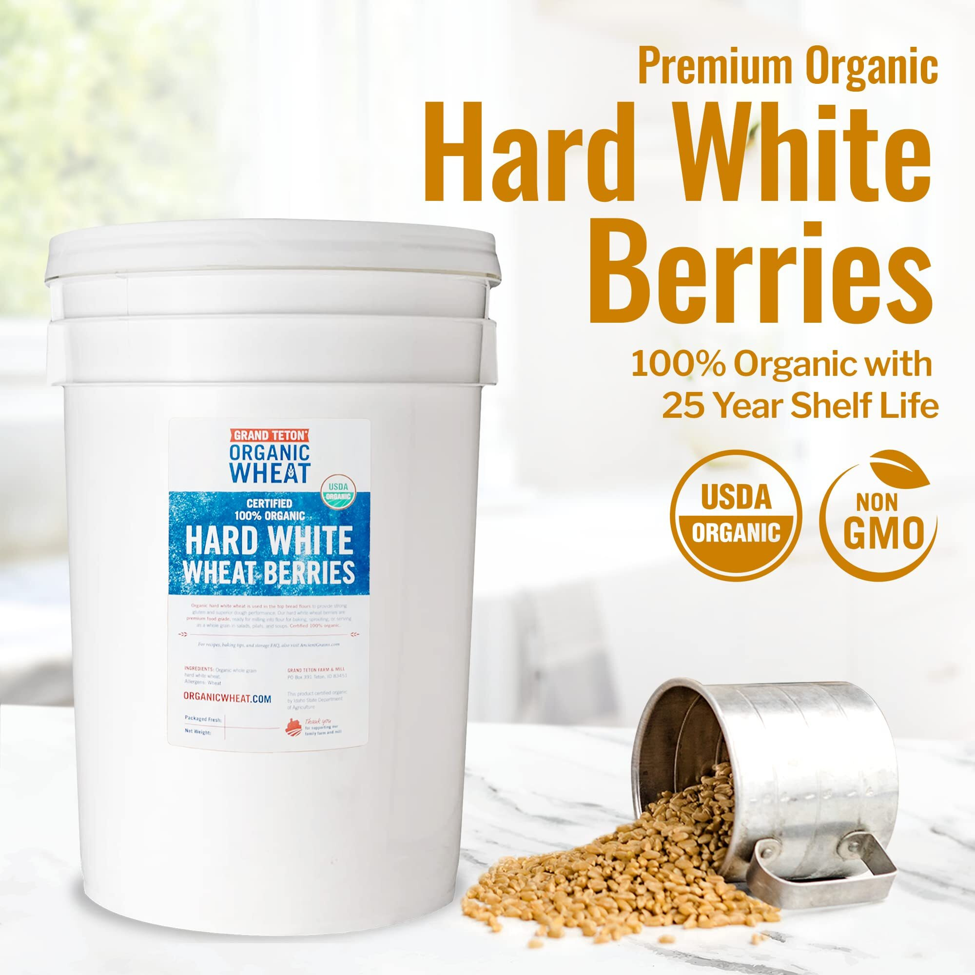 Grand Teton - 100% Organic Hard White Wheat Berries | Us-Grown Wheat Berries Bulk | Packaged In 6 Gallon Hdpe Pail For Long-Term Storage | 100% Desiccant Free | Certified 100% Usda Organic - 43 Lbs