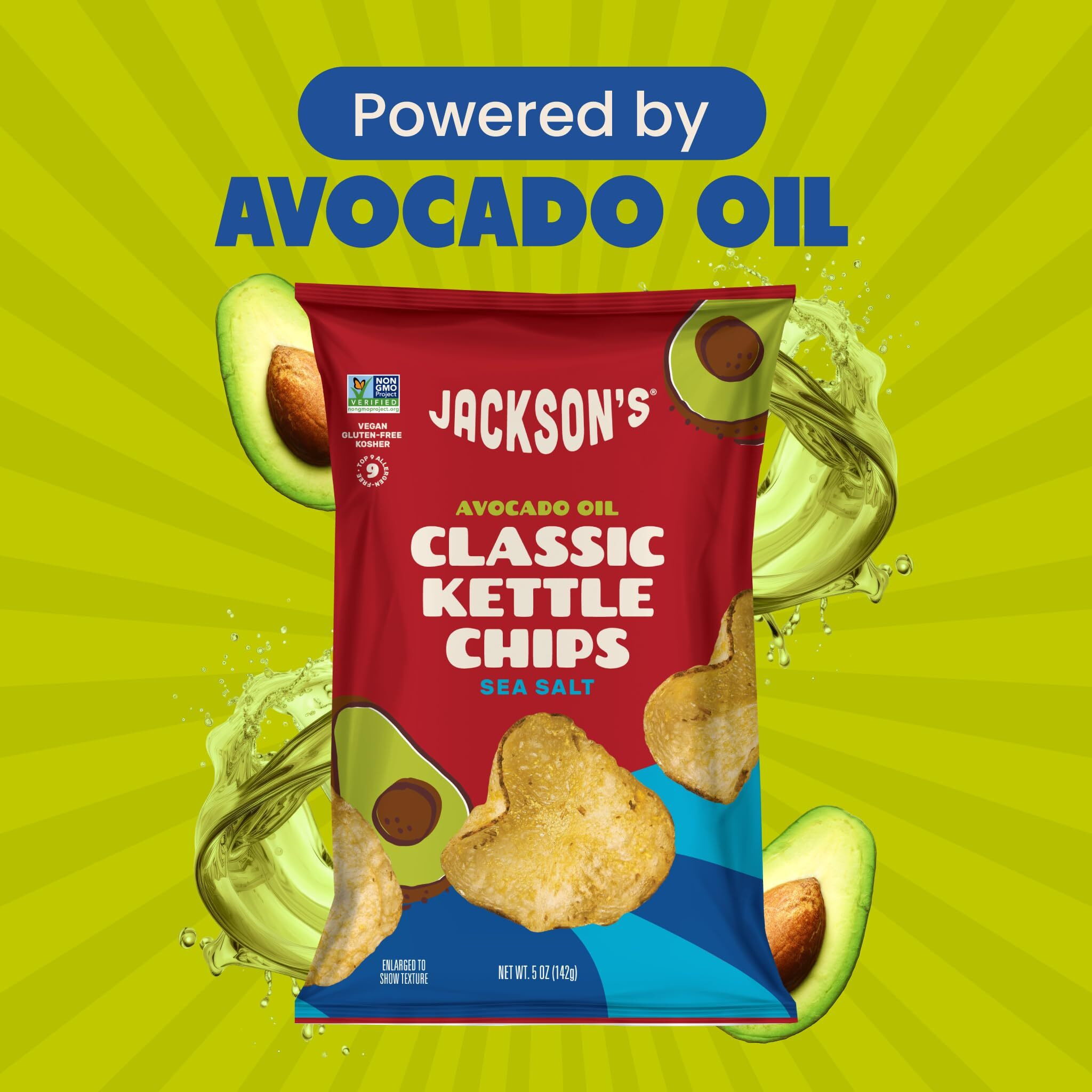 Jacksons Potato Classic Kettle Chips With Sea Salt (5Oz, Pack Of 7) - Made With Premium Avocado Oil - Allergen-Friendly, Gluten Free, Peanut Free, Vegan, Kosher - Shark Tank Product