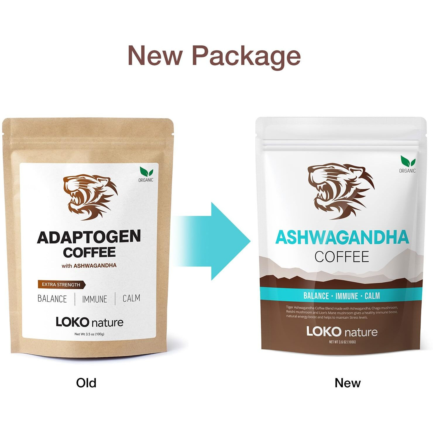 Loko Nature Tiger Ashwagandha Mushrooms Instant Coffee With Arabica | Powerful Natural Ingredients Reishi, Chaga & Lion's Mane | Adaptogen, Vegan, Antioxidants, Gluten-Free - 30 Servings