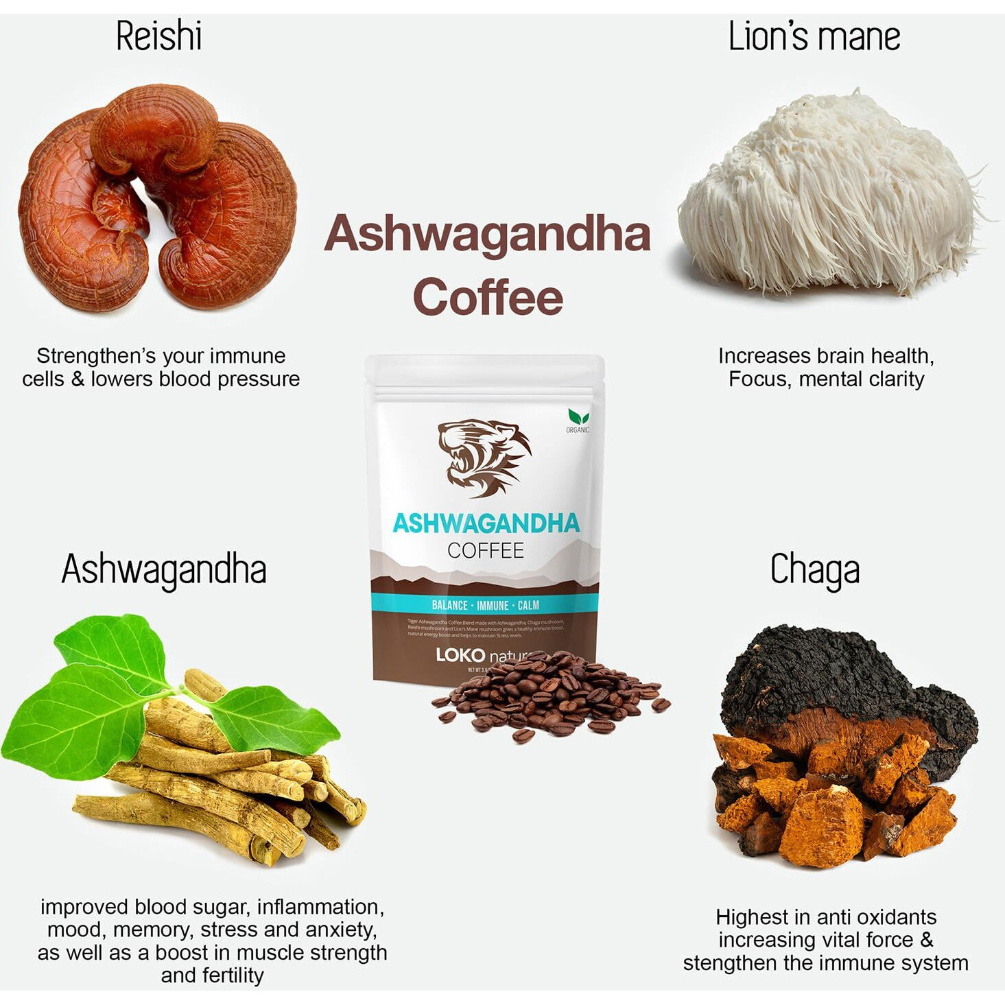 Loko Nature Tiger Ashwagandha Mushrooms Instant Coffee With Arabica | Powerful Natural Ingredients Reishi, Chaga & Lion's Mane | Adaptogen, Vegan, Antioxidants, Gluten-Free - 30 Servings
