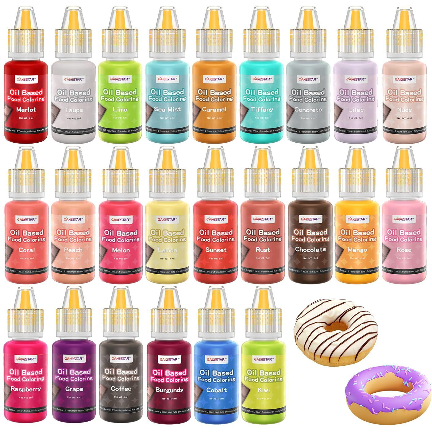 Cakestar Oil Based Food Coloring For Chocolate, 24 Upgraded Food Coloring Set For Cake Decorating, Baking, Edible Oil Food Dye For Butter, Cookies, Fondant(.20 Fl.Oz/Bottle)