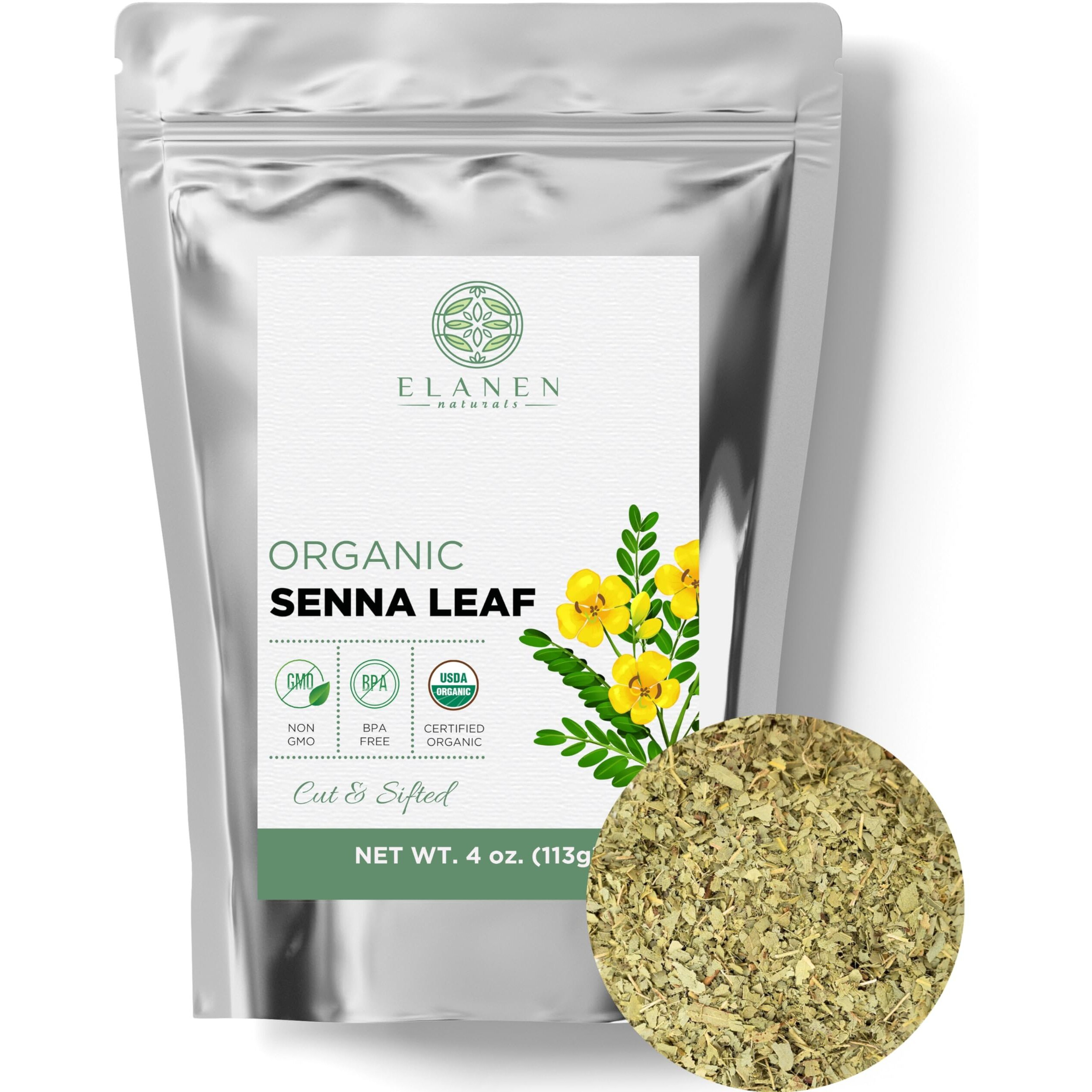 Elanen Naturals Organic Senna Leaf 4 Oz. (113G), Usda Certified Organic Senna Tea Leaves Organic, Senna Herb, Senna Alexandrina, Folium Sennae, Sene, Hoja De Sen, Seena Leaf, Cut & Sifted