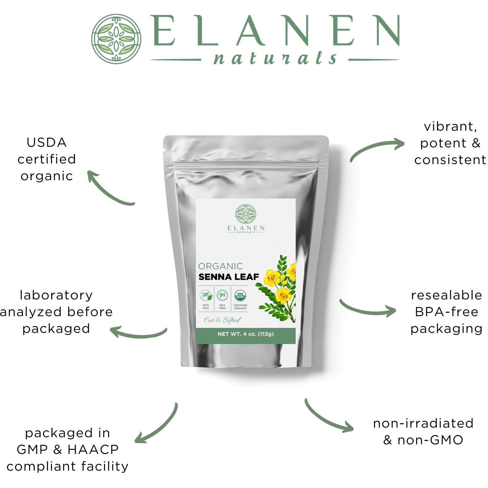 Elanen Naturals Organic Senna Leaf 4 Oz. (113G), Usda Certified Organic Senna Tea Leaves Organic, Senna Herb, Senna Alexandrina, Folium Sennae, Sene, Hoja De Sen, Seena Leaf, Cut & Sifted