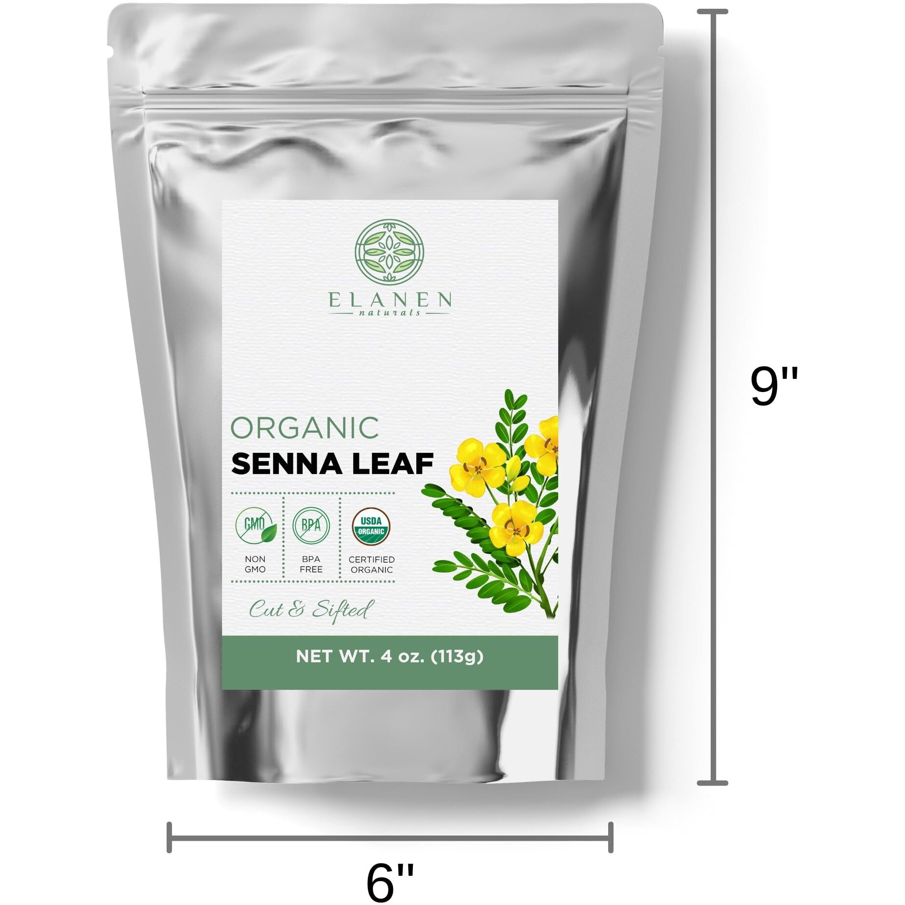 Elanen Naturals Organic Senna Leaf 4 Oz. (113G), Usda Certified Organic Senna Tea Leaves Organic, Senna Herb, Senna Alexandrina, Folium Sennae, Sene, Hoja De Sen, Seena Leaf, Cut & Sifted