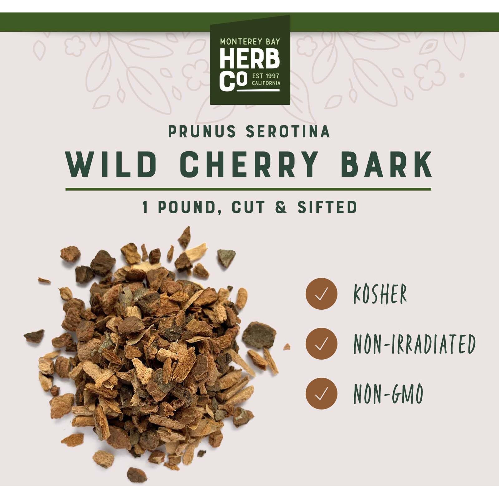 Monterey Bay Herb Co. Wild Cherry Bark | Black Cherry, Mountain Black Cherry, Choke Cherry | Used To Make Teas & Syrups | Cut & Sifted | 1 Lb