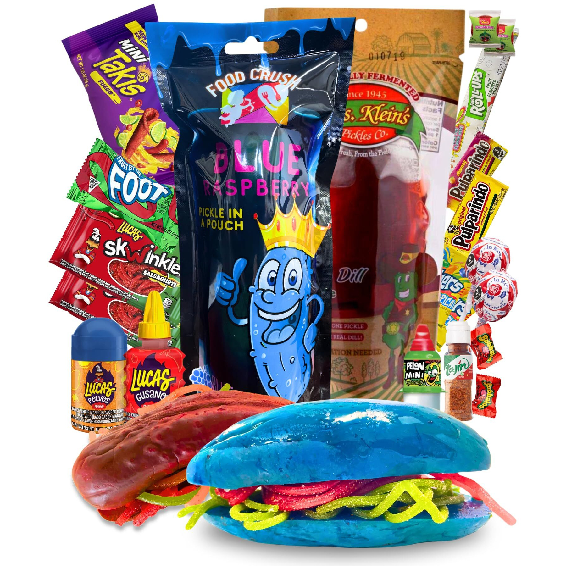 Chamoy Pickle Kit + Blue Raspberry Pickle In A Pouch For 2 People (21 Pcs) Comes With Takis, Fruit Rollup, Lucas Gusano, Skwinkles, And Other Mexican Candy Snacks. Tiktok Trend Items By Food Crush