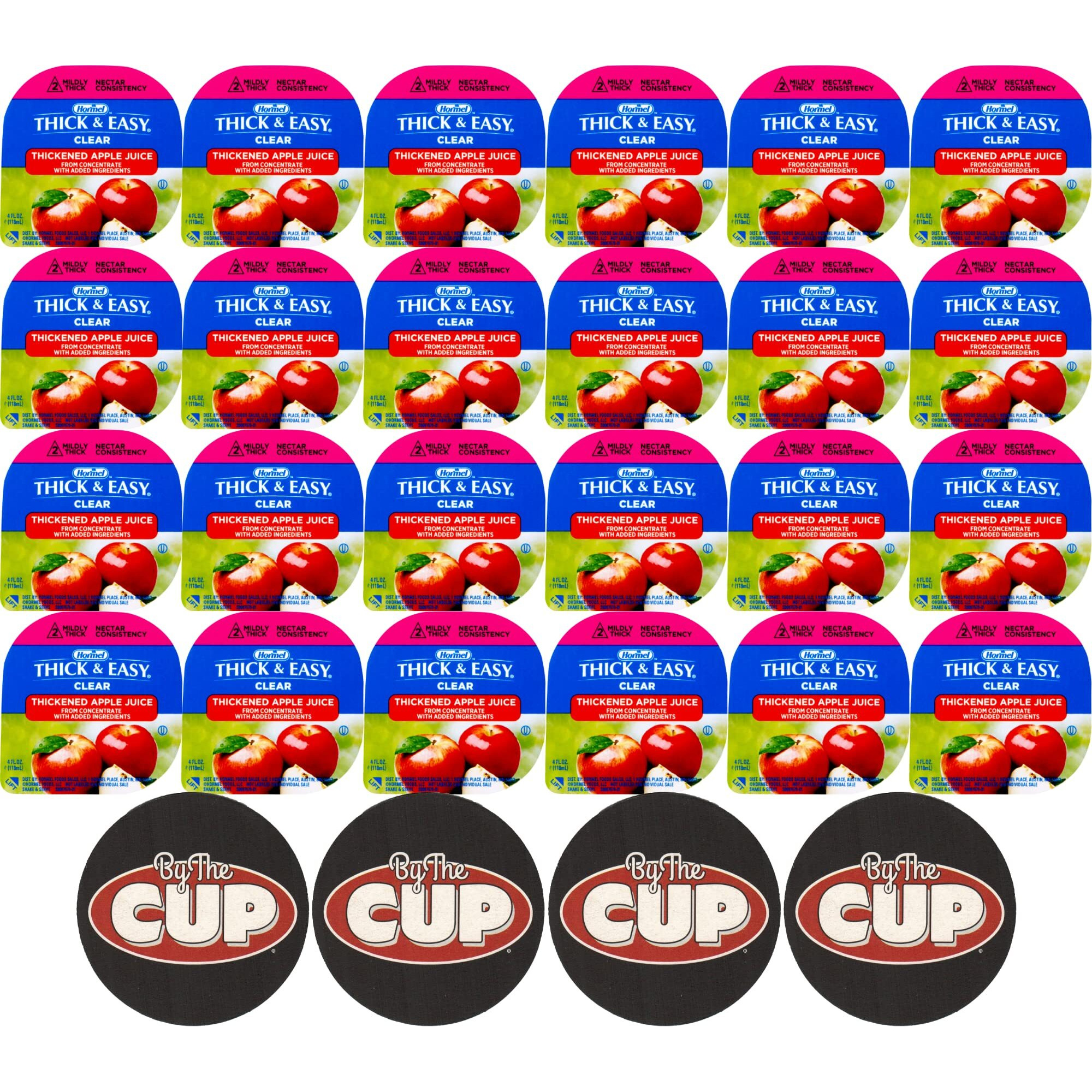 Hormel Thick & Easy Apple Juice, Clear Single Serve Level 2 Nectar Consistency Thickened Beverage, 4 Oz Cup (Pack Of 24) With 4 By The Cup Coasters