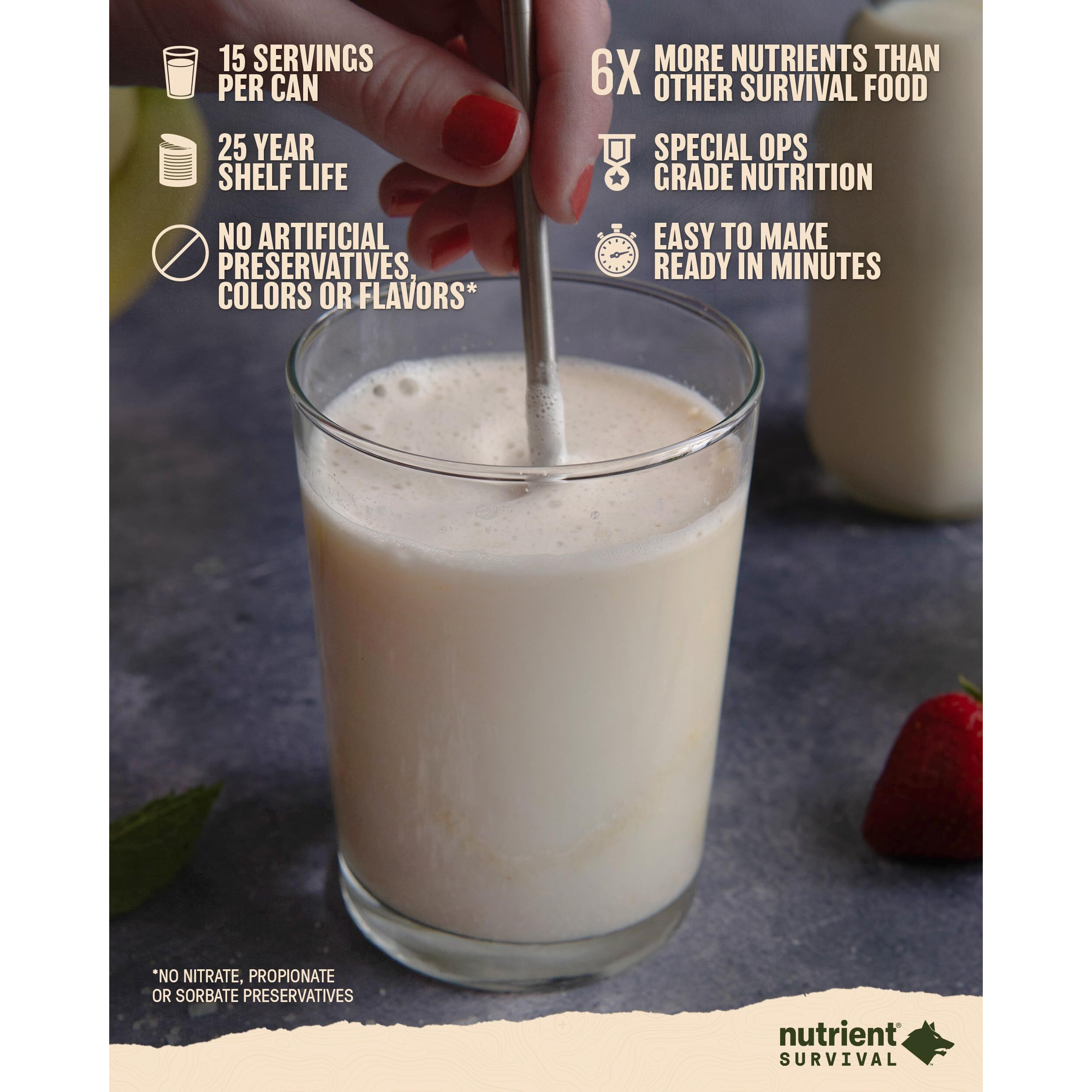 Nutrient Survival Protein Shake, Creamy Vanilla, Whey Protein Powder, Freeze Dried Prepper Supplies & Emergency Food, 40 Nutrients, Gluten Free, Shelf Stable Up To 25 Years, One Can,15 Servings