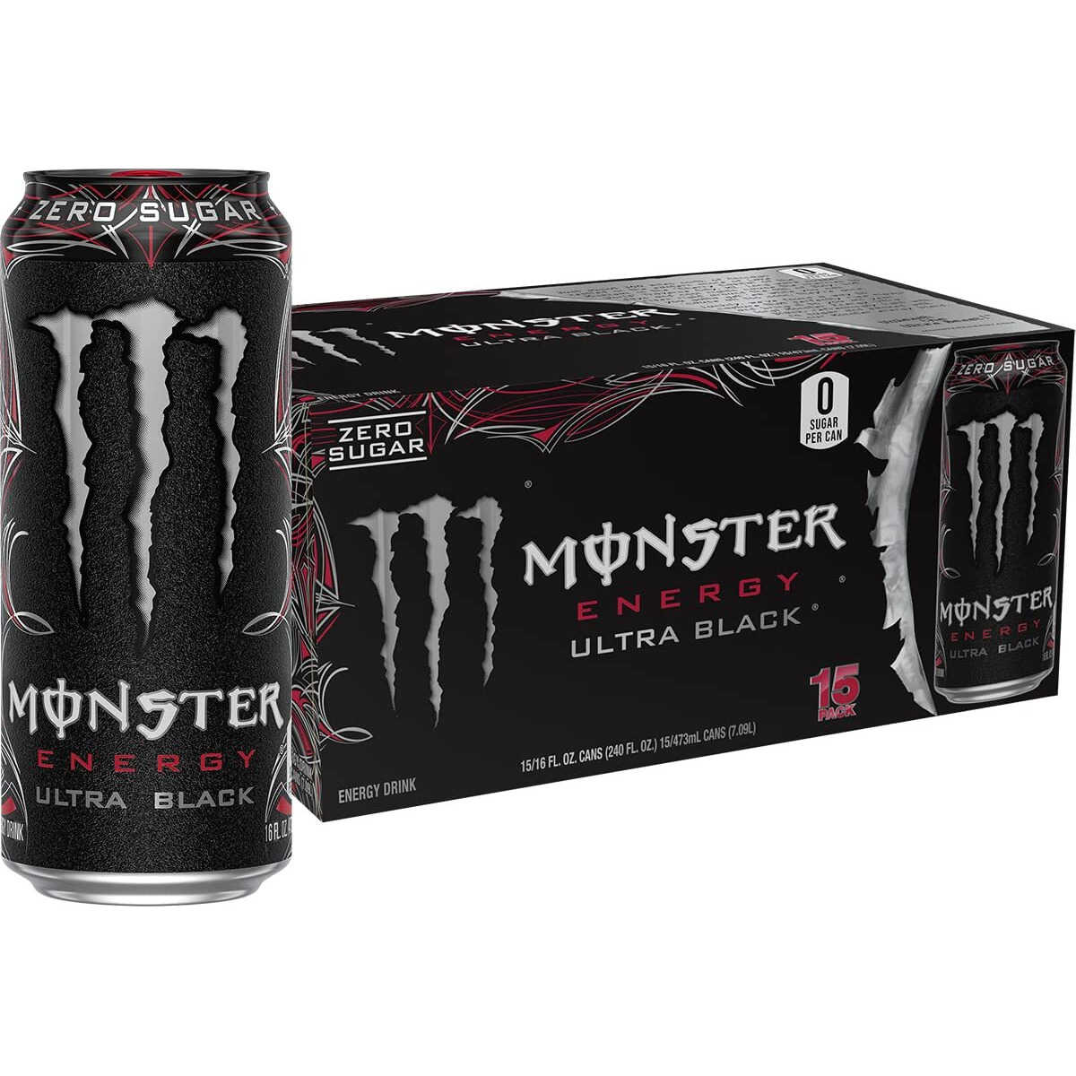 Monster Energy Ultra Black, Sugar Free Energy Drink, 16 Ounce (Pack Of 15)