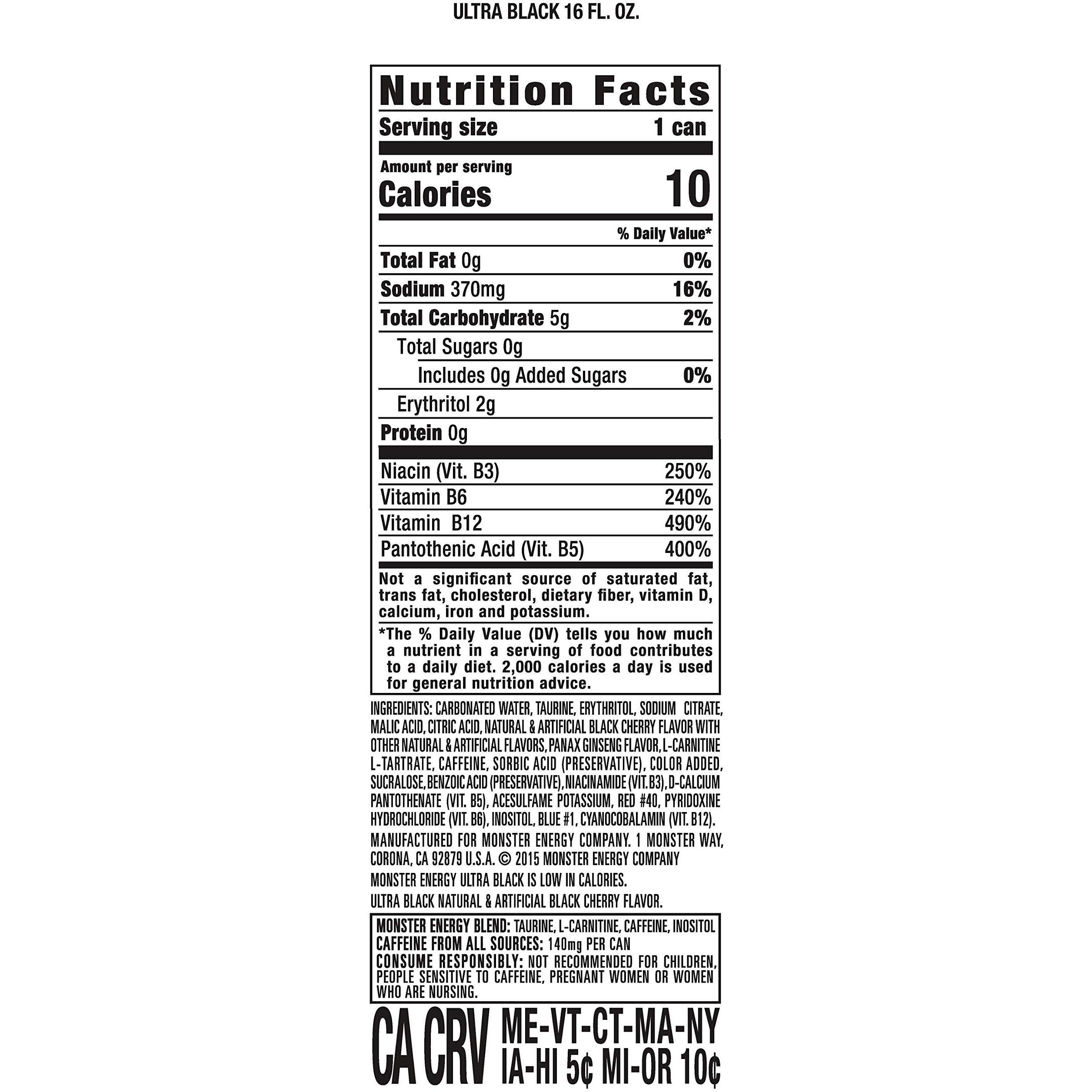 Monster Energy Ultra Black, Sugar Free Energy Drink, 16 Ounce (Pack Of 15)