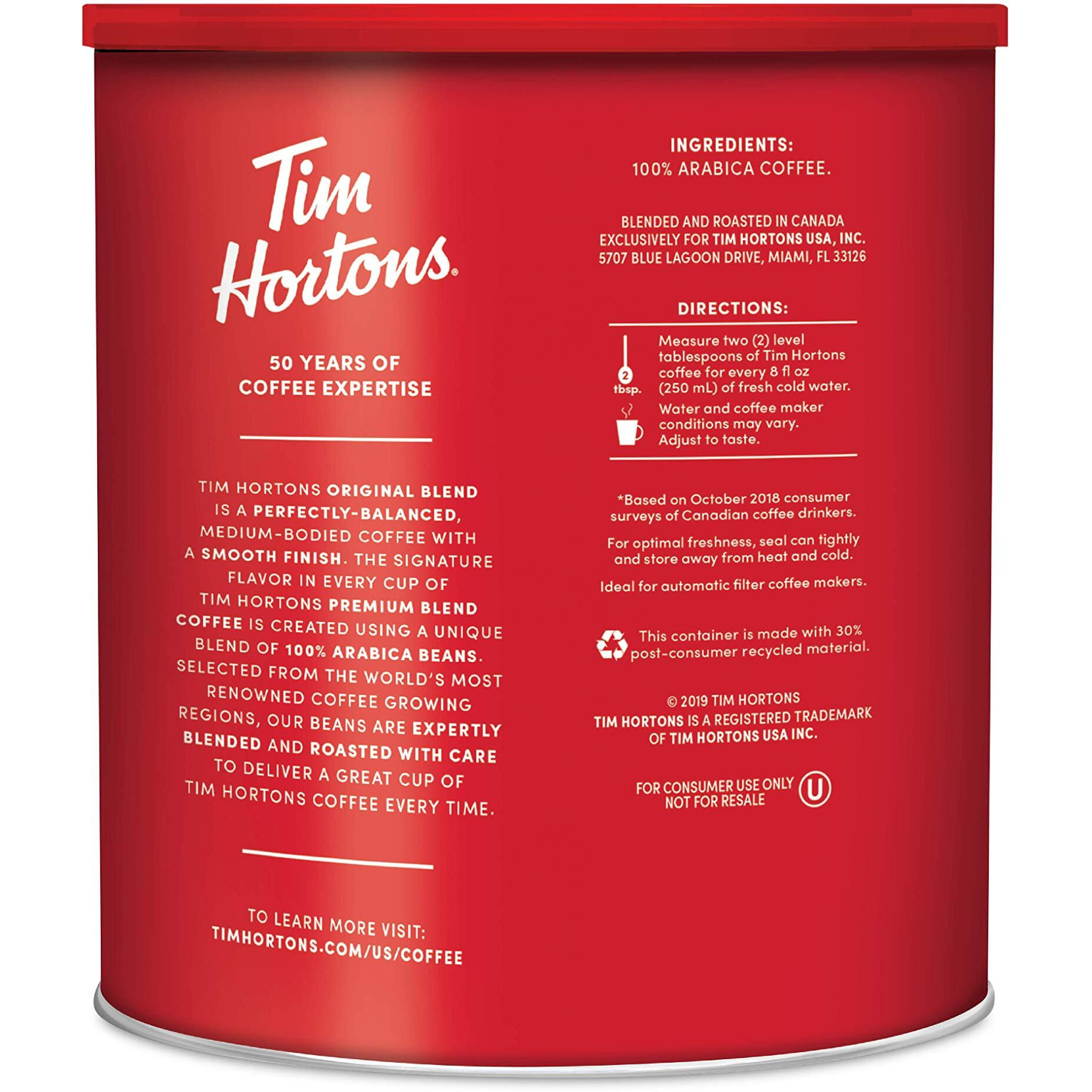 Tim Hortons Original Blend, Medium Roast Ground Coffee, Canadas Favorite Coffee, Made With 100% Arabica Beans, 48 Ounce Canister