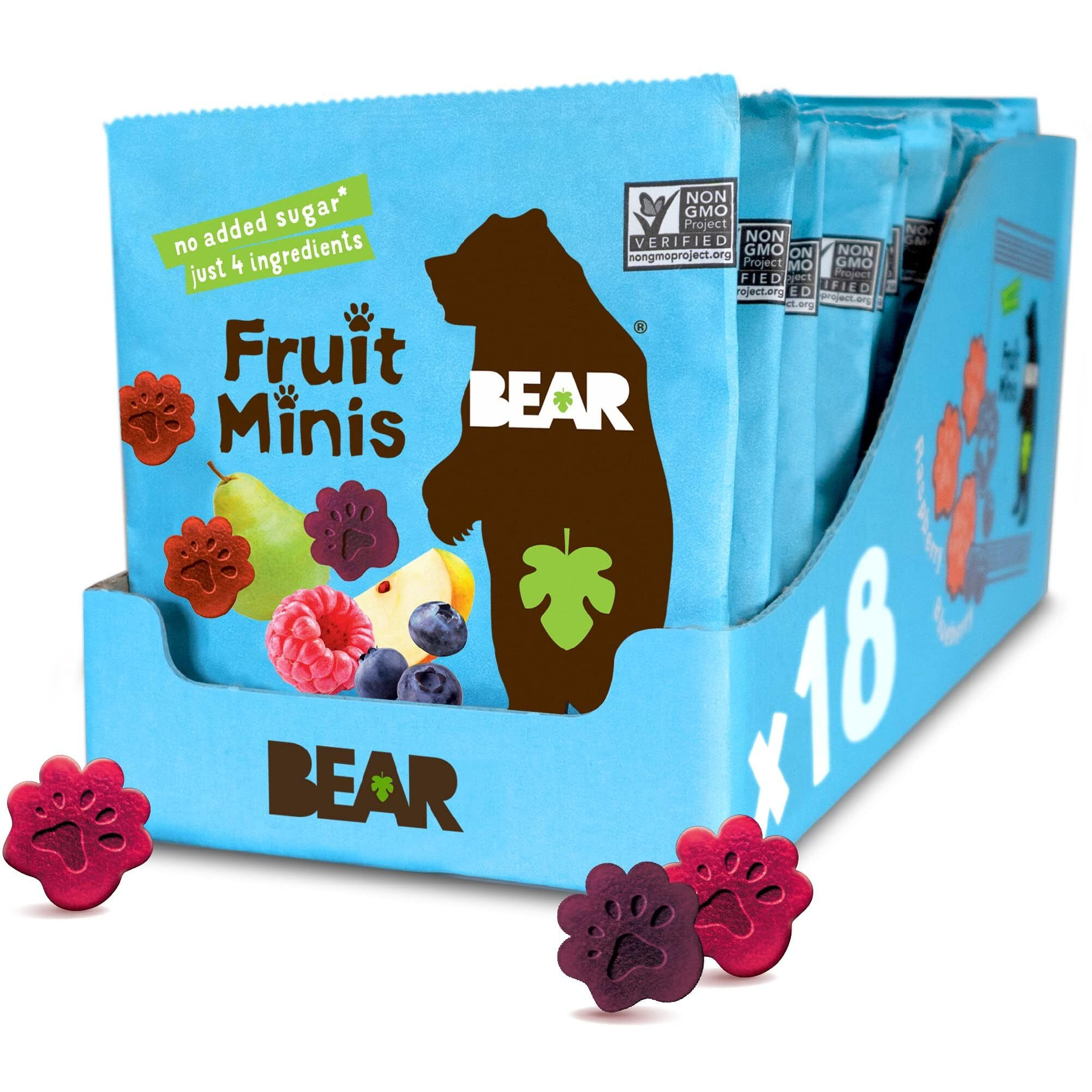 Bear Real Fruit Snack Minis, Raspberry/Blueberry, No Added Sugar, All Natural, Bite Sized Snacks For Kids, Non Gmo, Gluten Free, Vegan, 0.7 Oz (Pack Of 18)