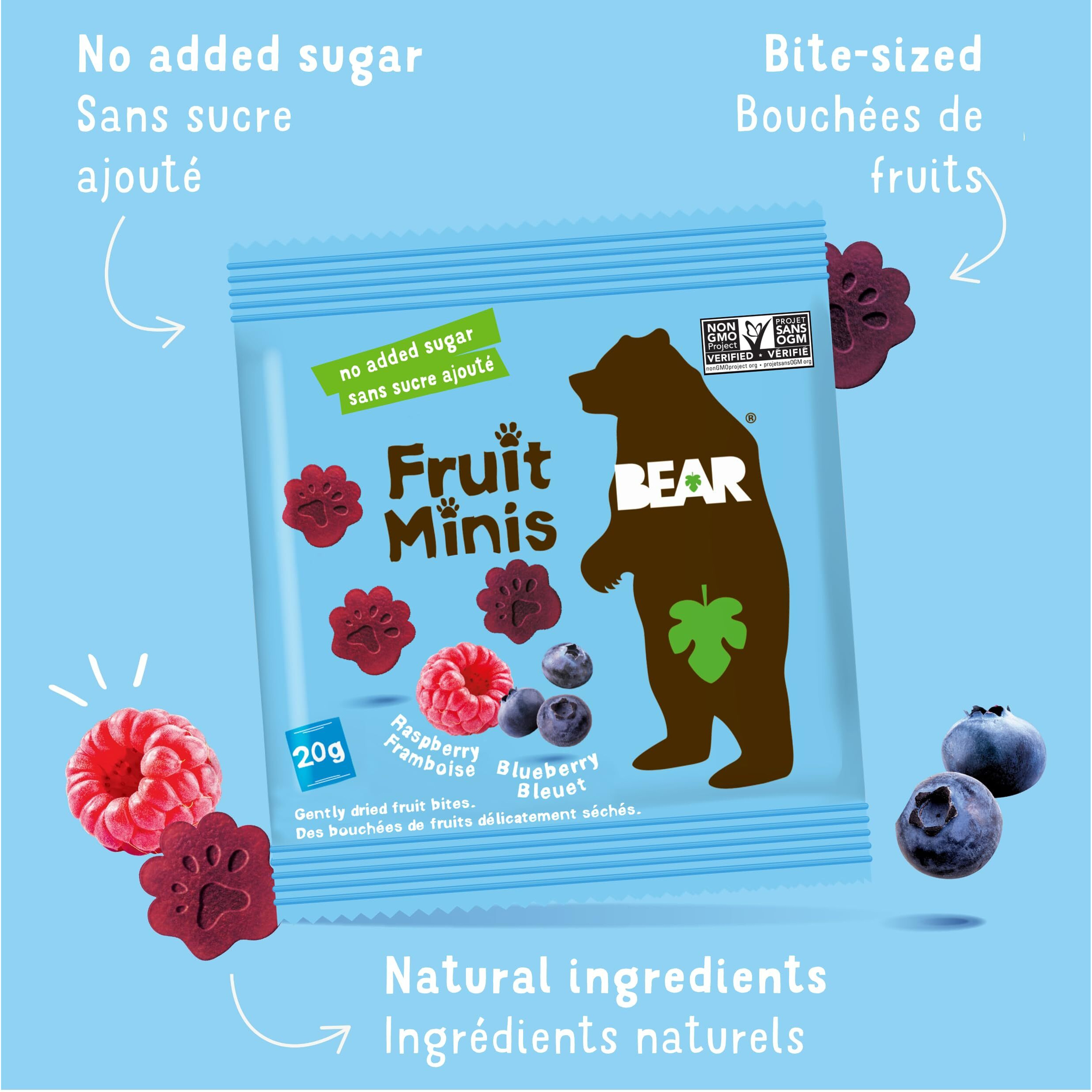 Bear Real Fruit Snack Minis, Raspberry/Blueberry, No Added Sugar, All Natural, Bite Sized Snacks For Kids, Non Gmo, Gluten Free, Vegan, 0.7 Oz (Pack Of 18)