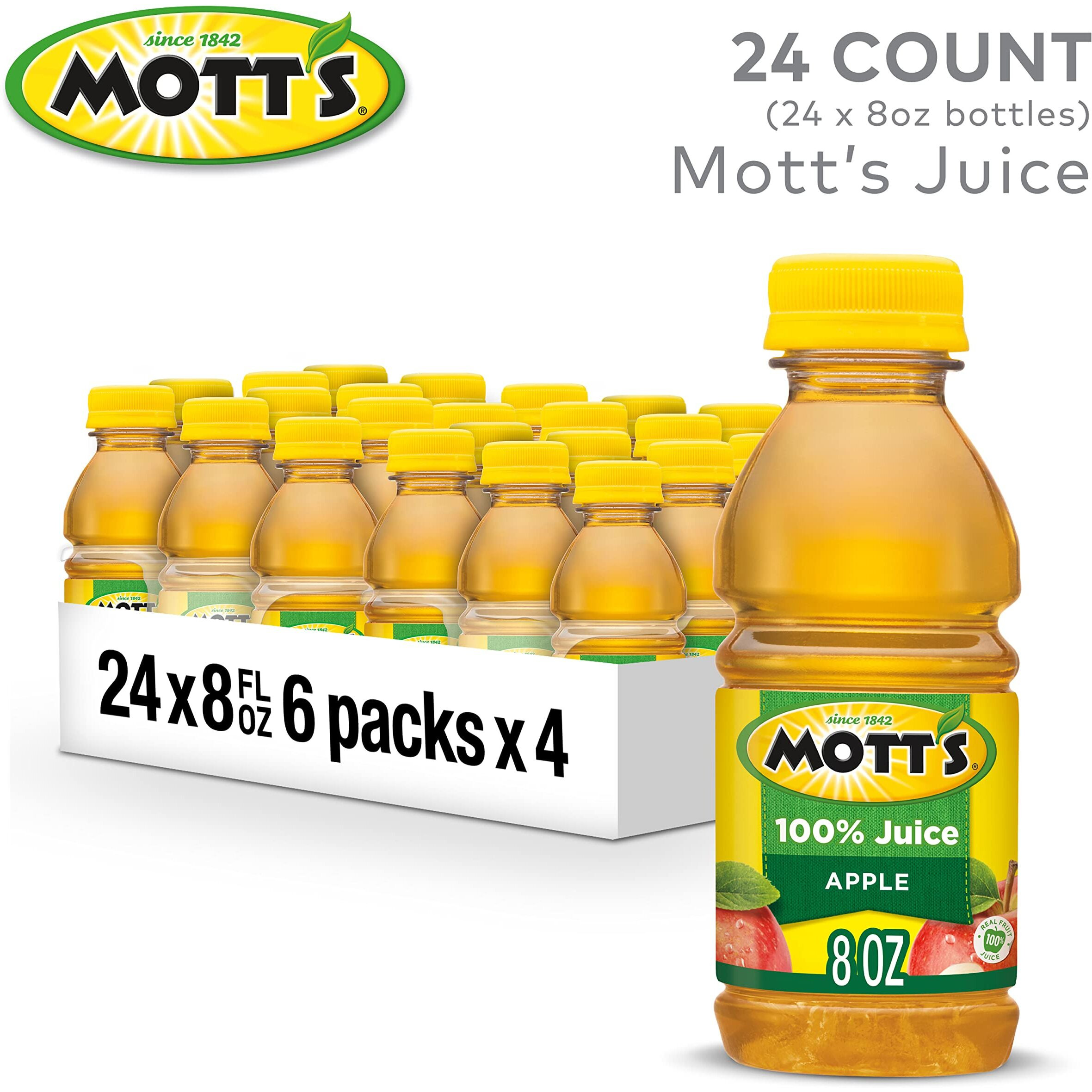 Mott's 100% Original Apple Juice, 8 Fl Oz Bottles, 24 Count (4 Packs Of 6), 2 Servings Of Fruit, 100% Fruit Juice, Gluten-Free, Caffeine-Free, Kosher, Contains No Artificial Colors Or Sweeteners