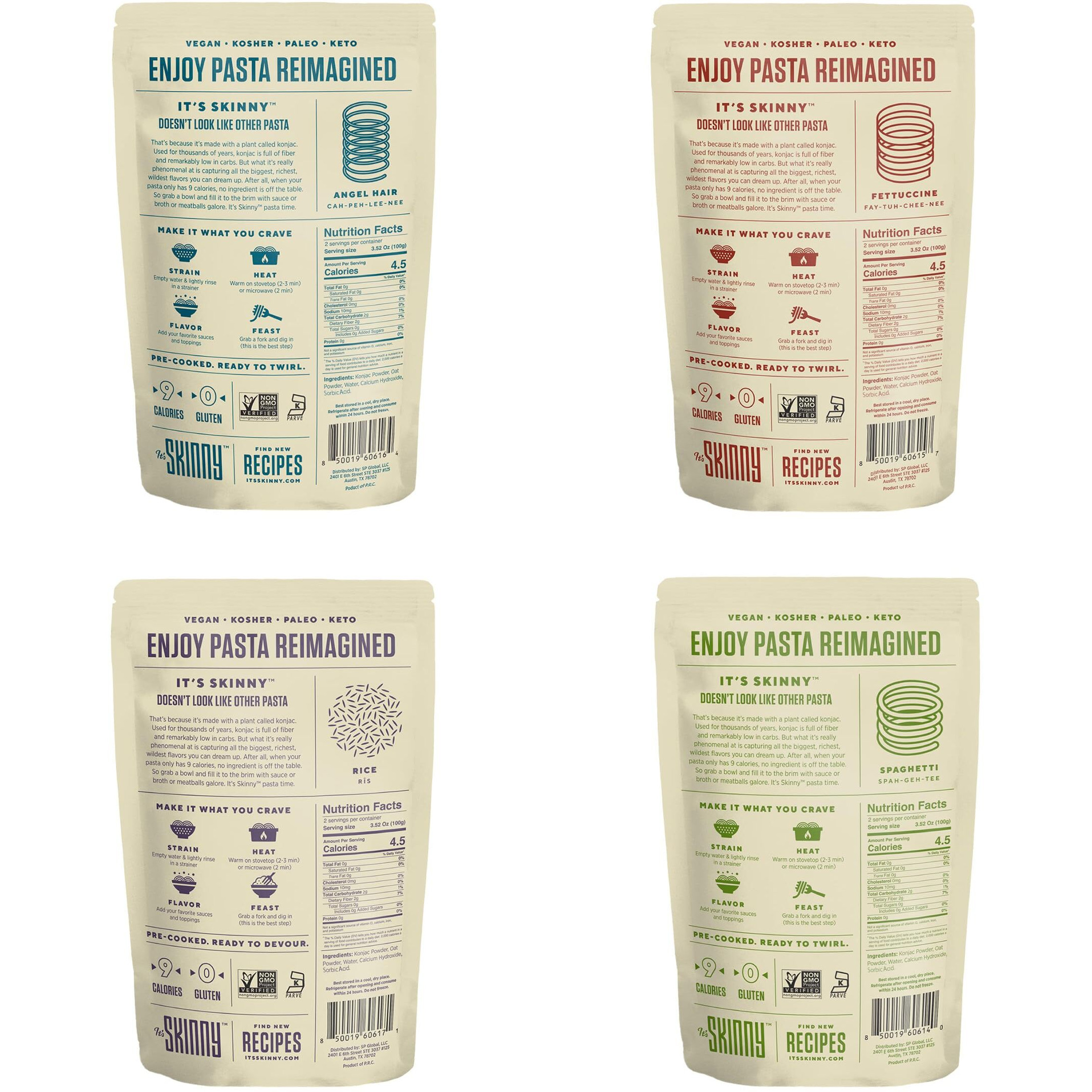 Its Skinny Pasta- 6-Variety Pack Pre-Cooked Pasta High Fiber & Gluten Free Pasta Low Calorie Low Carb - Konjac Shirataki Noodles, Sugar Free, Keto & Paleo-Friendly