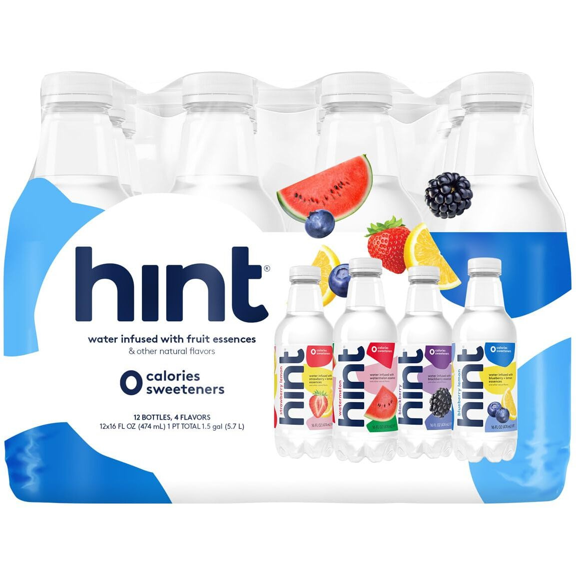 Hint Water White Variety, 3 Bottles Each Of Watermelon, Blackberry, Blueberry Lemon, And Strawberry Lemon. Flavored Water With Zero Calories, Zero Sugar, And Zero Sweeteners, 16 Fl Oz (Pack Of 12)
