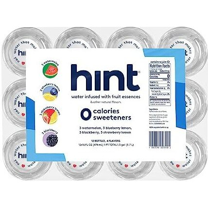 Hint Water White Variety, 3 Bottles Each Of Watermelon, Blackberry, Blueberry Lemon, And Strawberry Lemon. Flavored Water With Zero Calories, Zero Sugar, And Zero Sweeteners, 16 Fl Oz (Pack Of 12)