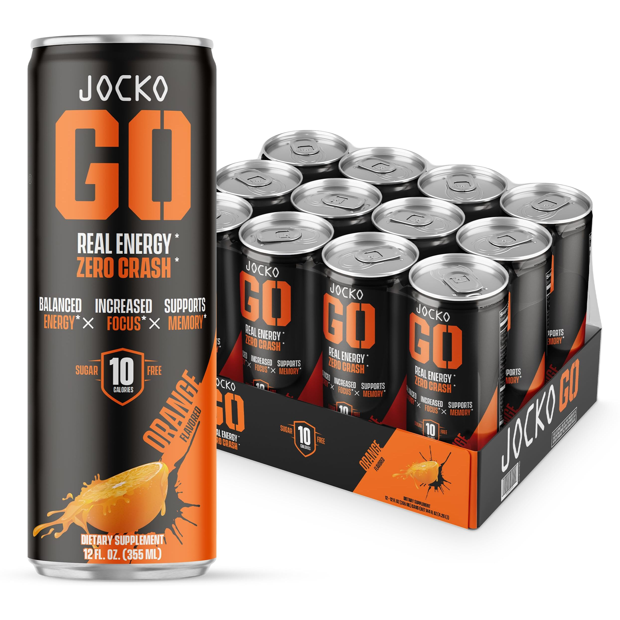 Jocko Go Energy Drink - Keto, Vitamin B12, Vitamin B6, Electrolytes, L Theanine, Magnesium- All Natural Energy Boost, Sugar Free Nootropic Monk Fruit Blend - 12 Pack (Orange)