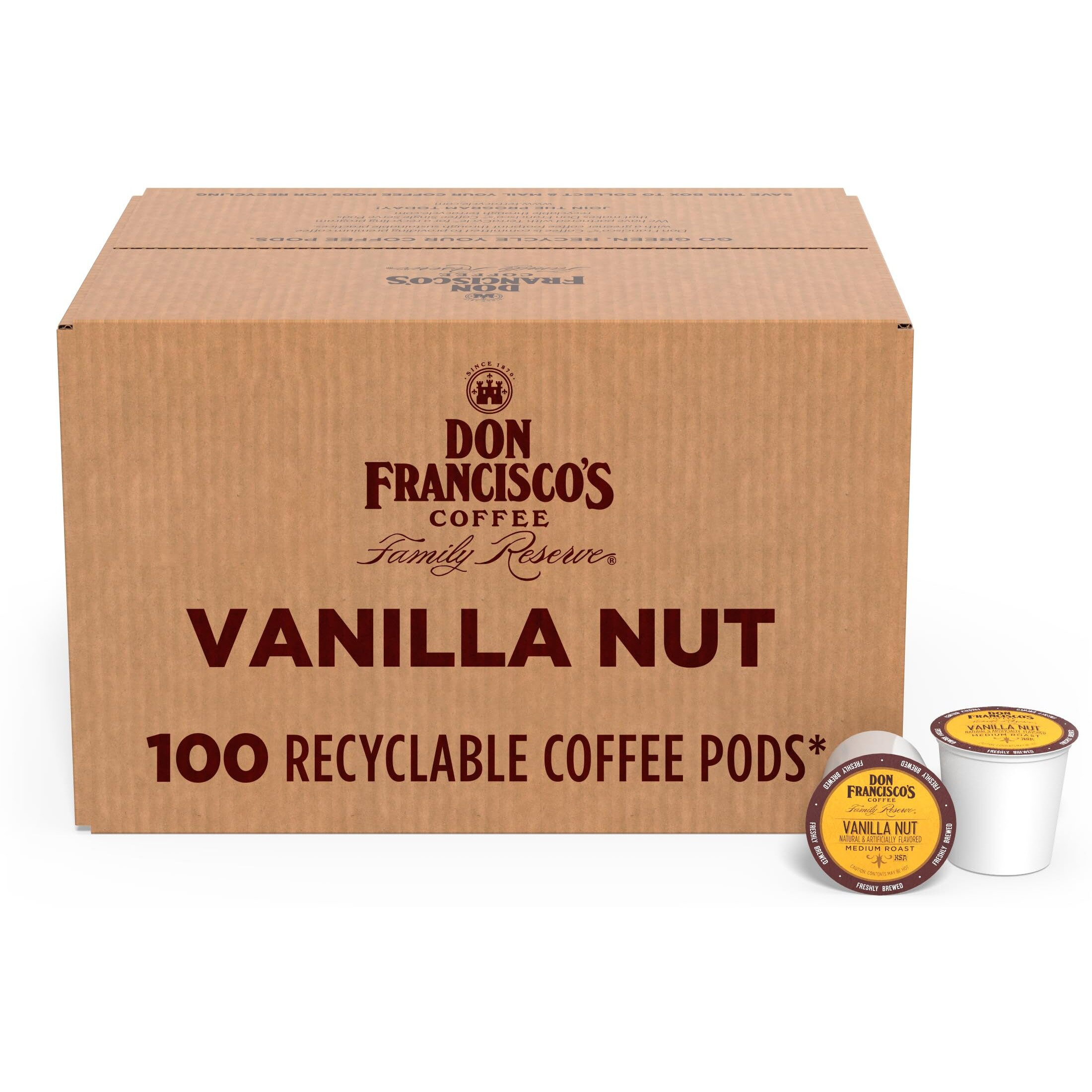 Don Francisco's Vanilla Nut Flavored Medium Roast Coffee Pods - 100 Count - Recyclable Single-Serve Coffee Pods, Compatible With Your K- Cup Keurig Coffee Maker