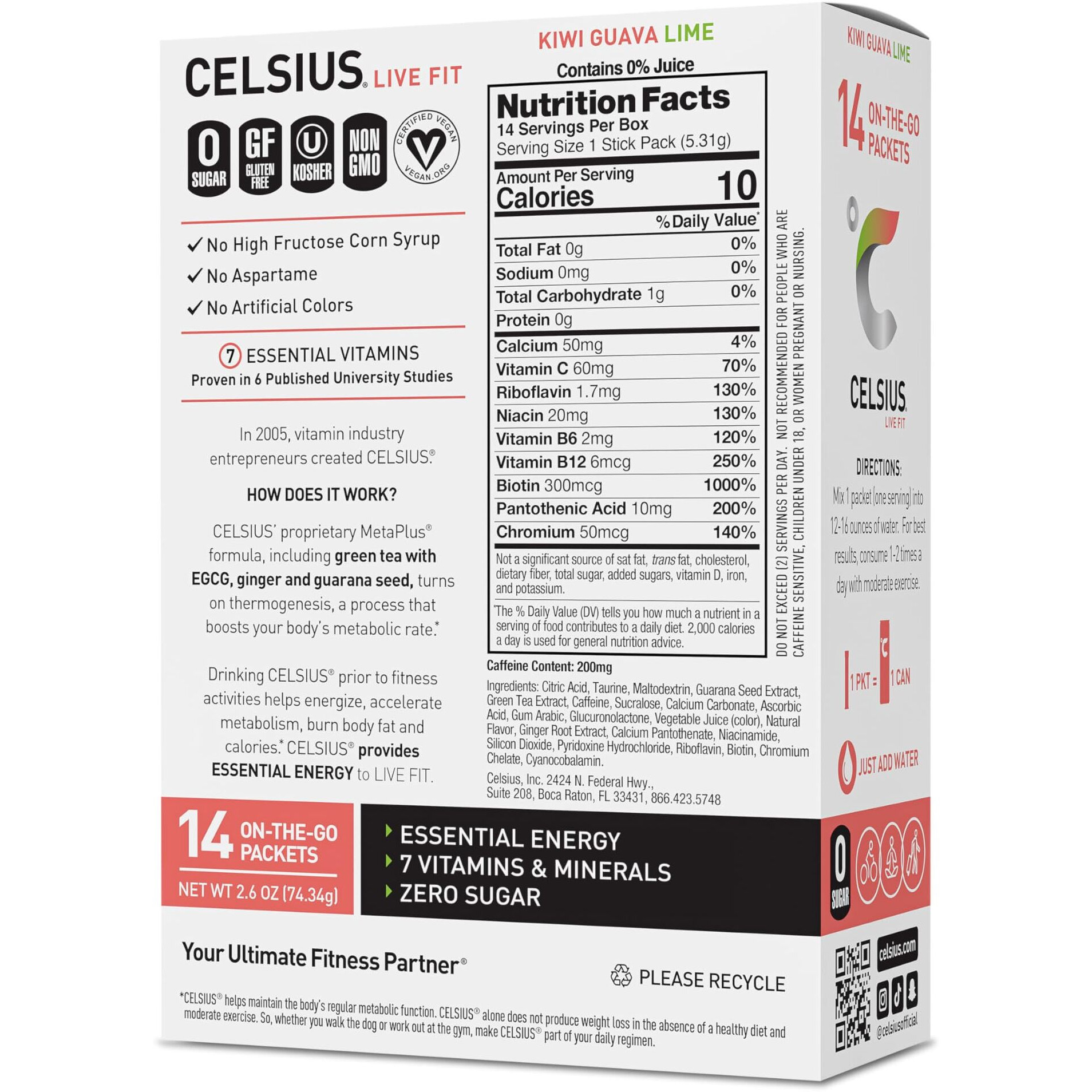 Celsius On-The-Go Powder Sticks Kiwi Guava Lime, Essential Energy 2.6 Oz (14 Sticks Per Pack)