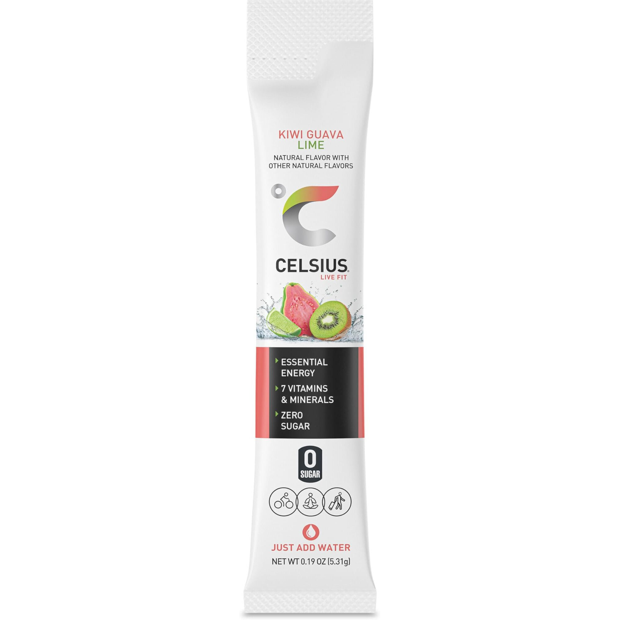 Celsius On-The-Go Powder Sticks Kiwi Guava Lime, Essential Energy 2.6 Oz (14 Sticks Per Pack)